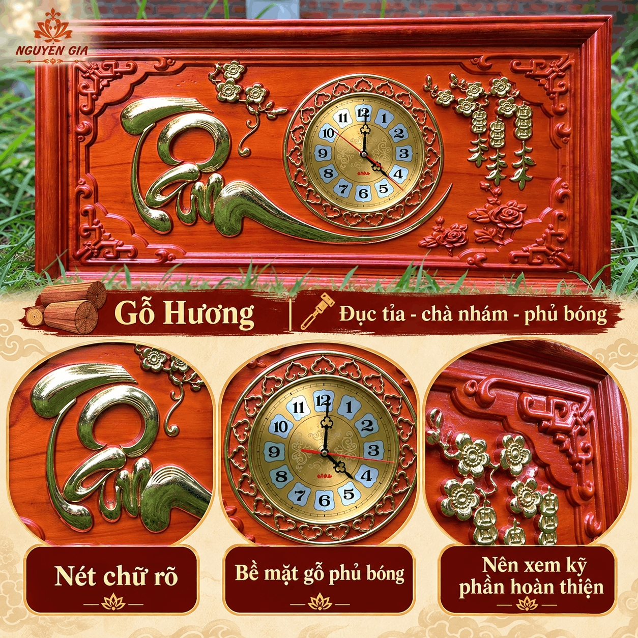 Đồng hồ treo tường chữ Tâm bằng gỗ Hương