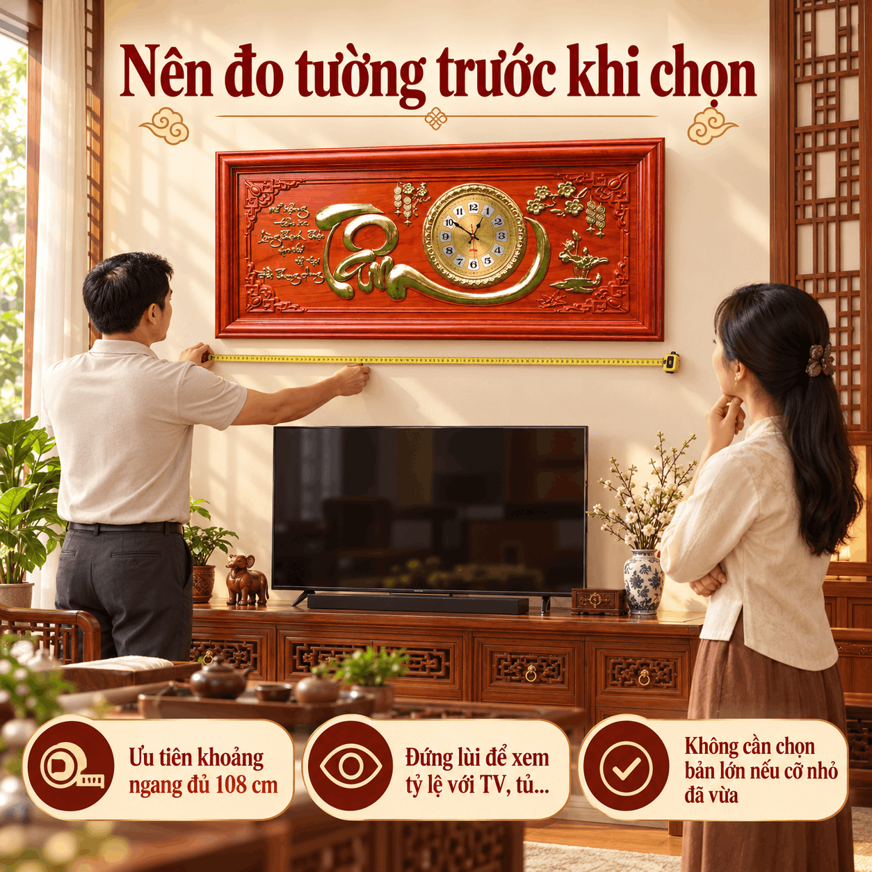 Đồng hồ treo tường chữ Tâm bằng gỗ Hương (Cỡ Lớn)