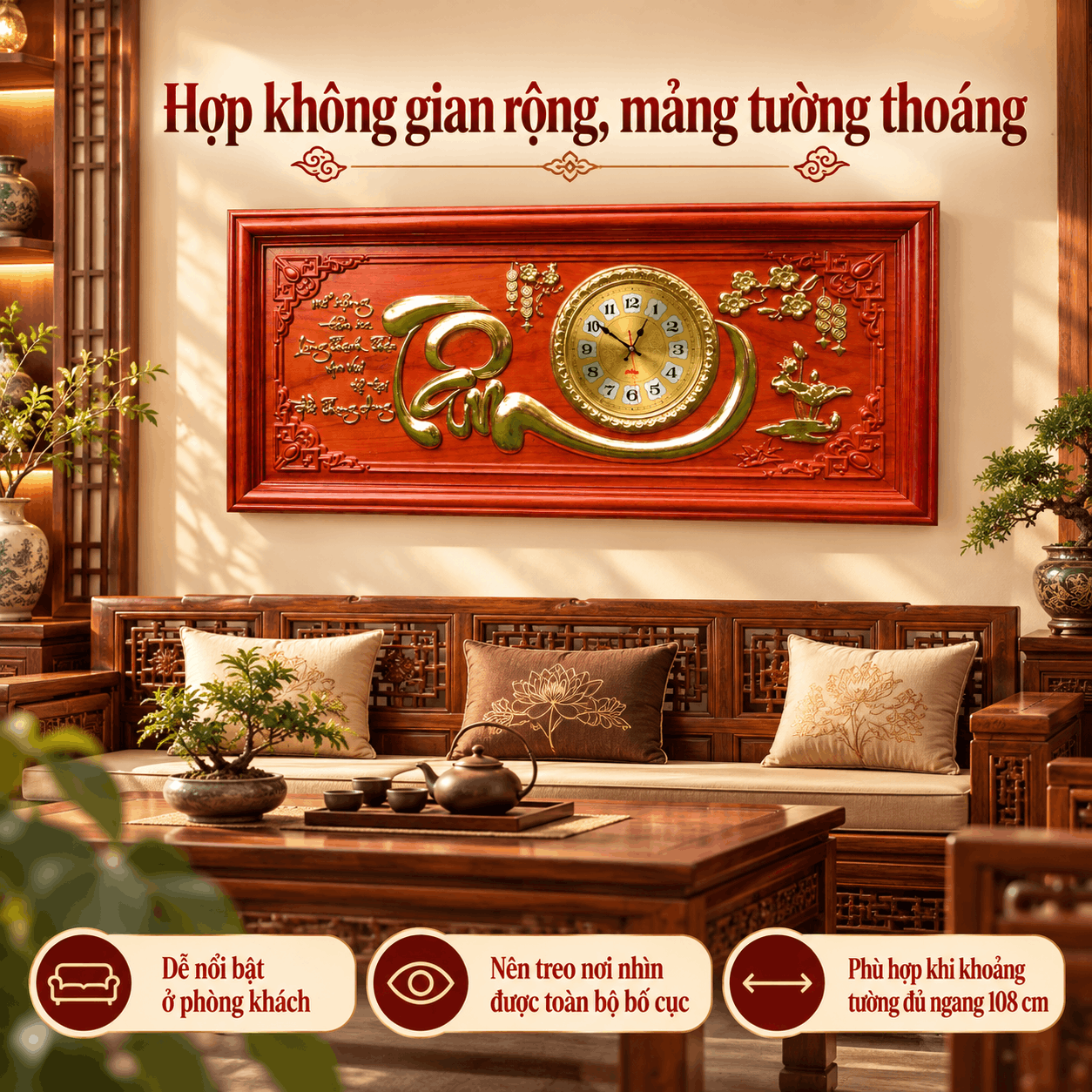 Đồng hồ treo tường chữ Tâm bằng gỗ Hương (Cỡ Lớn)