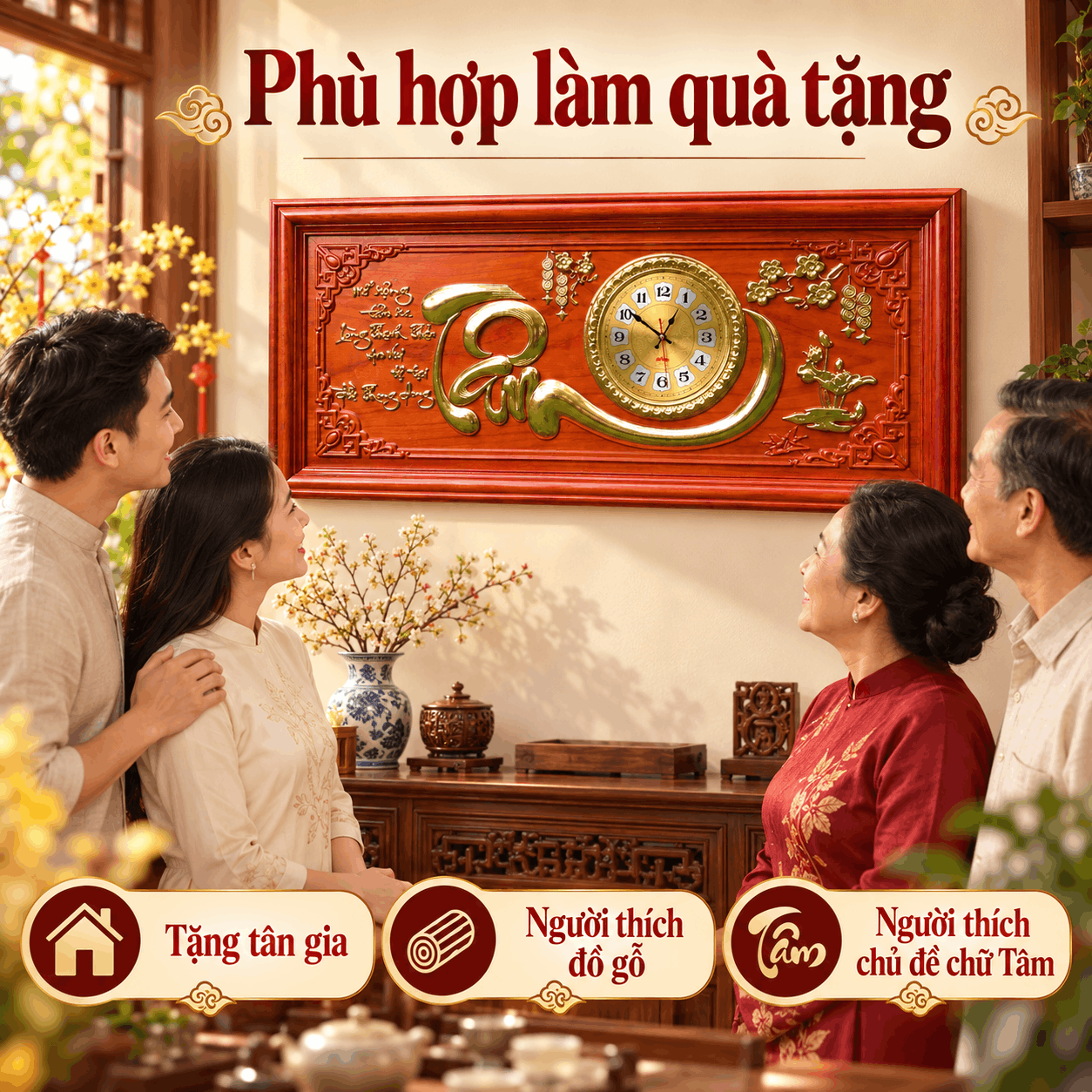 Đồng hồ treo tường chữ Tâm bằng gỗ Hương (Cỡ Lớn)