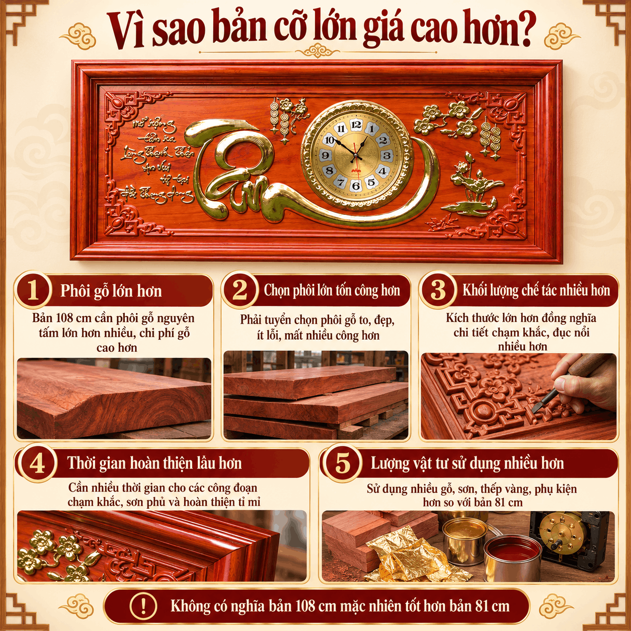 Đồng hồ treo tường chữ Tâm bằng gỗ Hương (Cỡ Lớn)