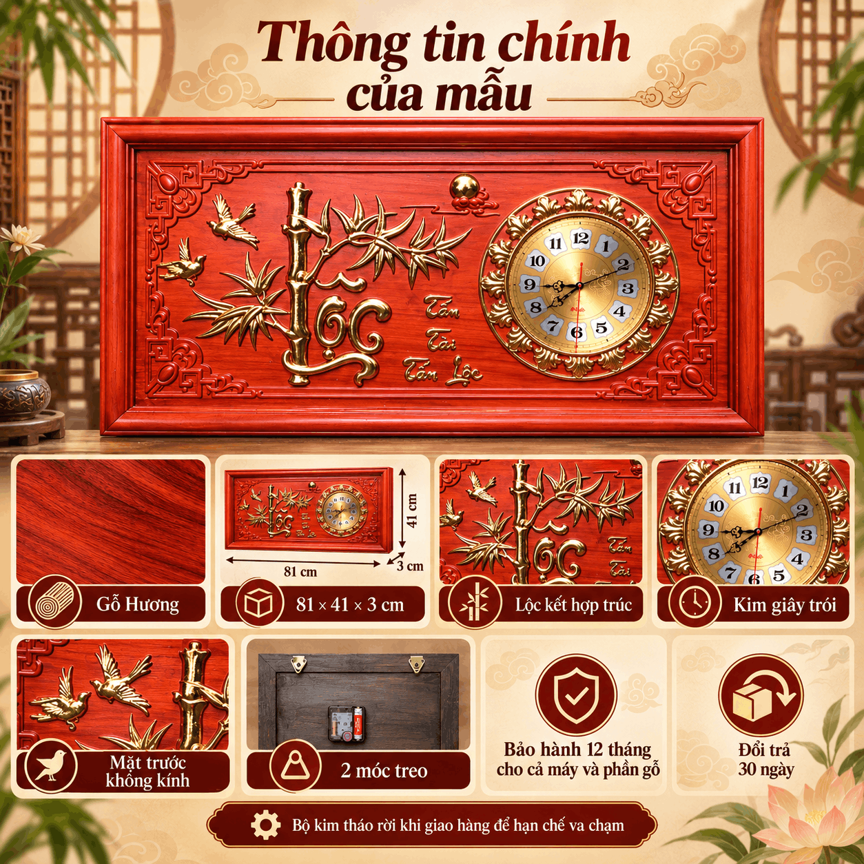 Đồng hồ treo tường mẫu Lộc Trúc bằng gỗ hương