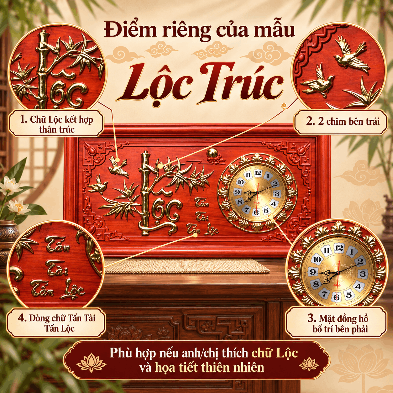 Đồng hồ treo tường mẫu Lộc Trúc bằng gỗ hương