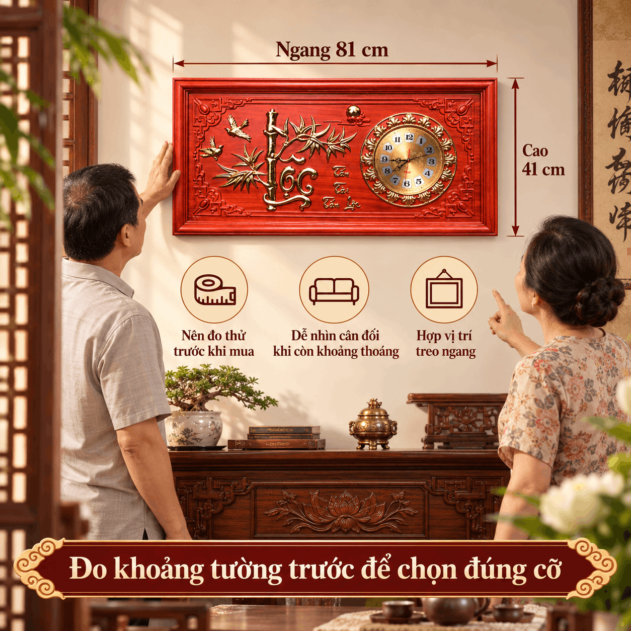 Đồng hồ treo tường mẫu Lộc Trúc bằng gỗ hương