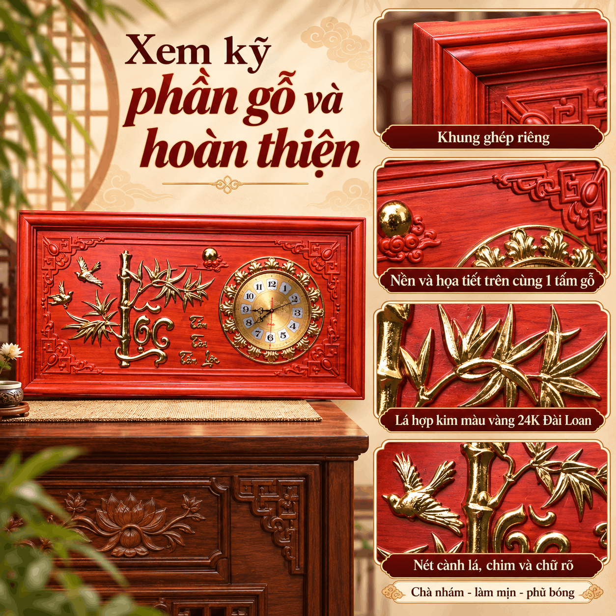 Đồng hồ treo tường mẫu Lộc Trúc bằng gỗ hương