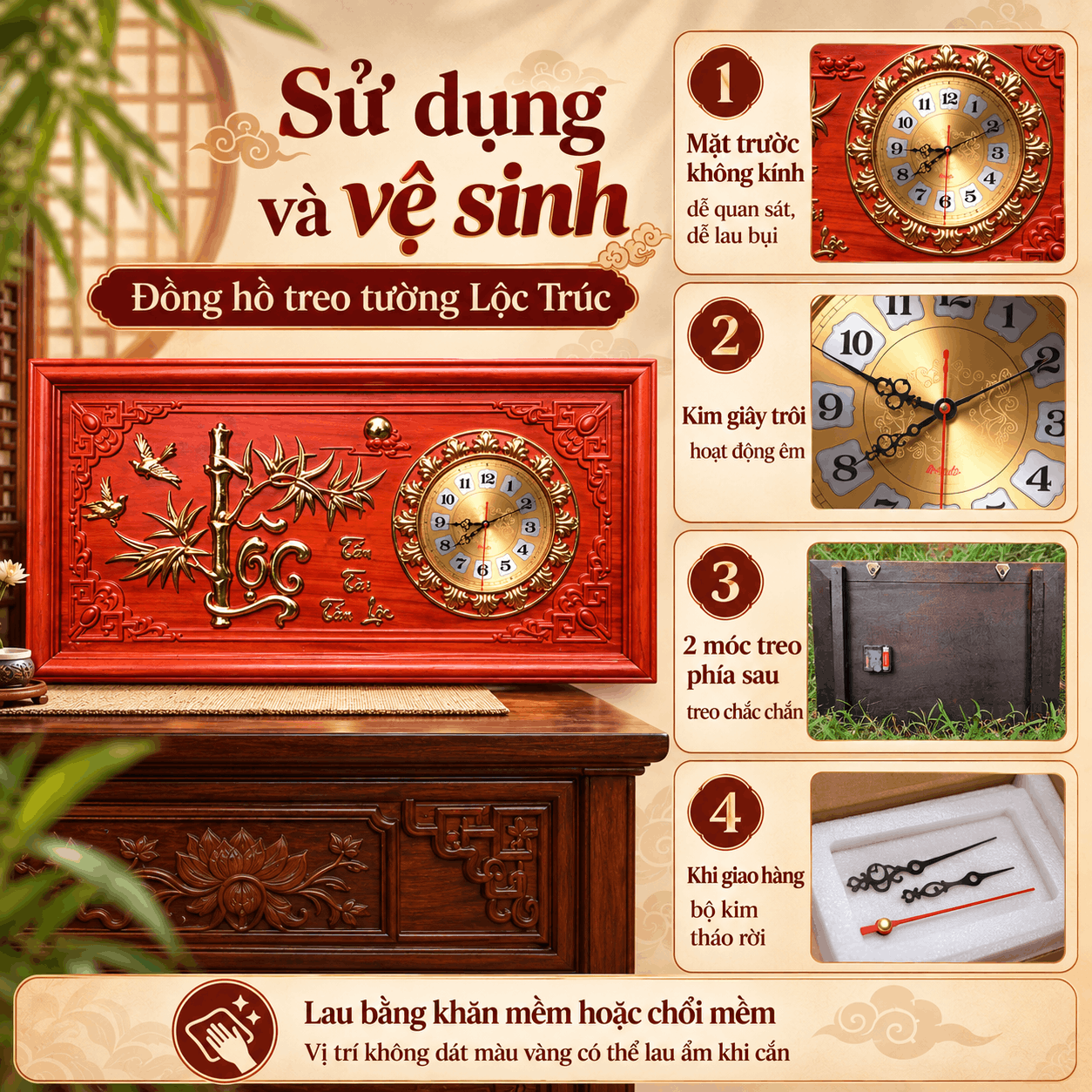 Đồng hồ treo tường mẫu Lộc Trúc bằng gỗ hương