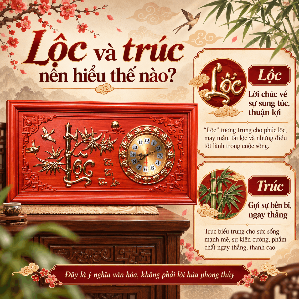 Đồng hồ treo tường mẫu Lộc Trúc bằng gỗ hương