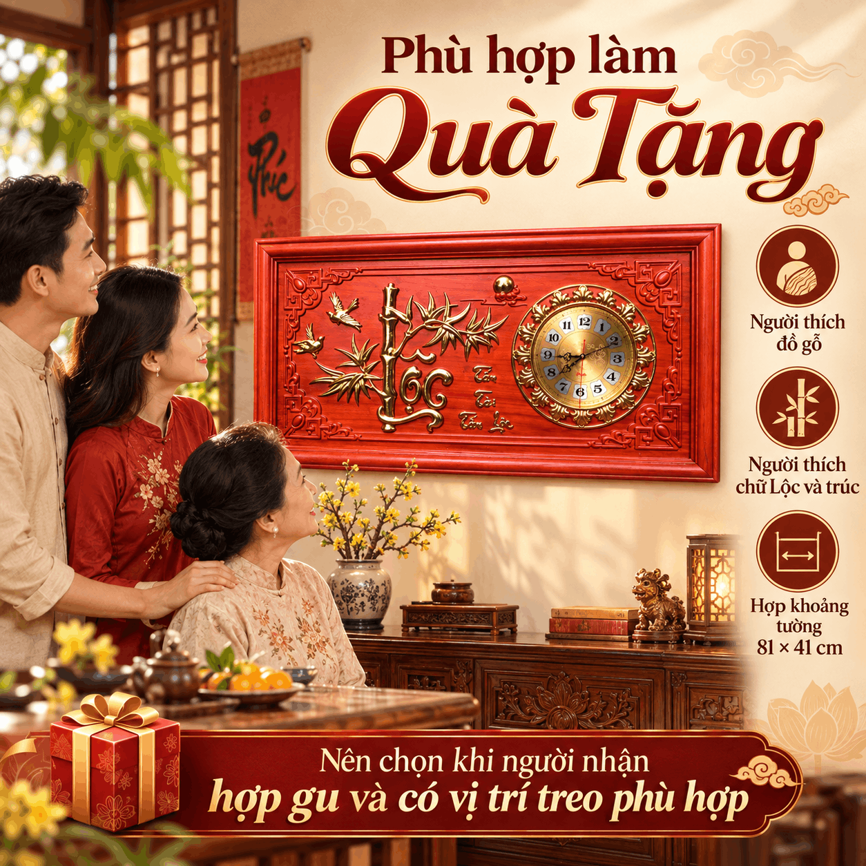 Đồng hồ treo tường mẫu Lộc Trúc bằng gỗ hương