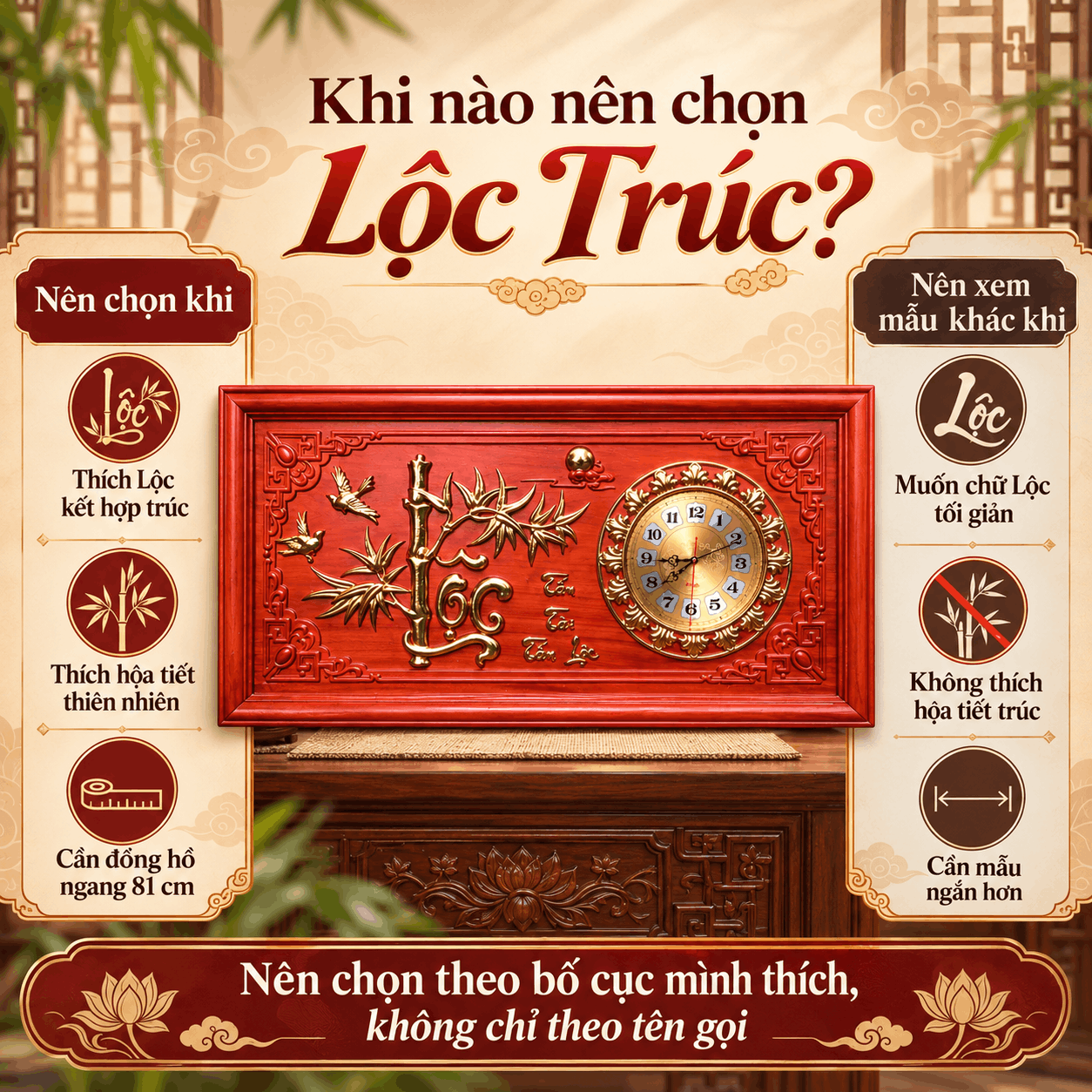Đồng hồ treo tường mẫu Lộc Trúc bằng gỗ hương