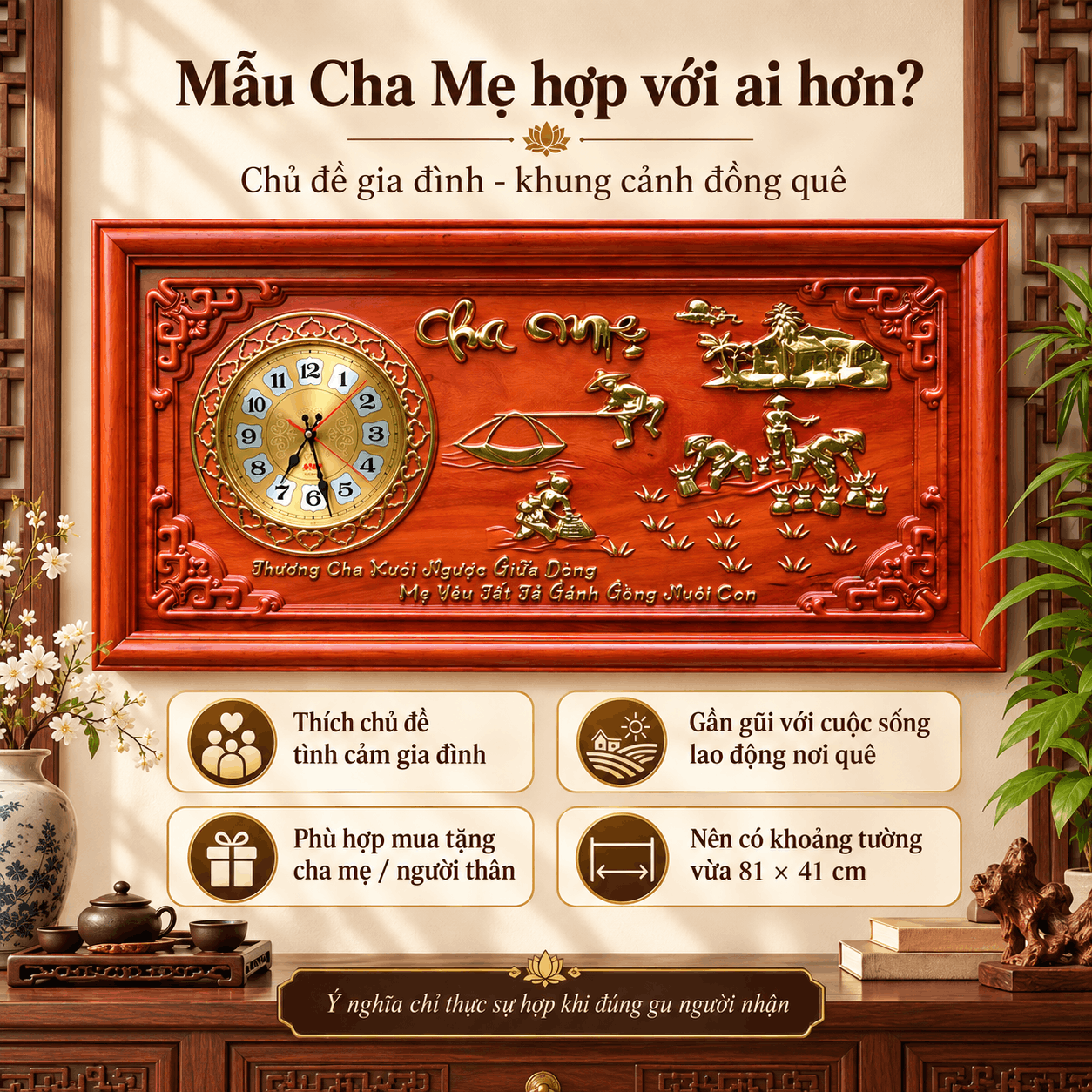 Đồng hồ treo tường mẫu cha mẹ bằng gỗ Hương