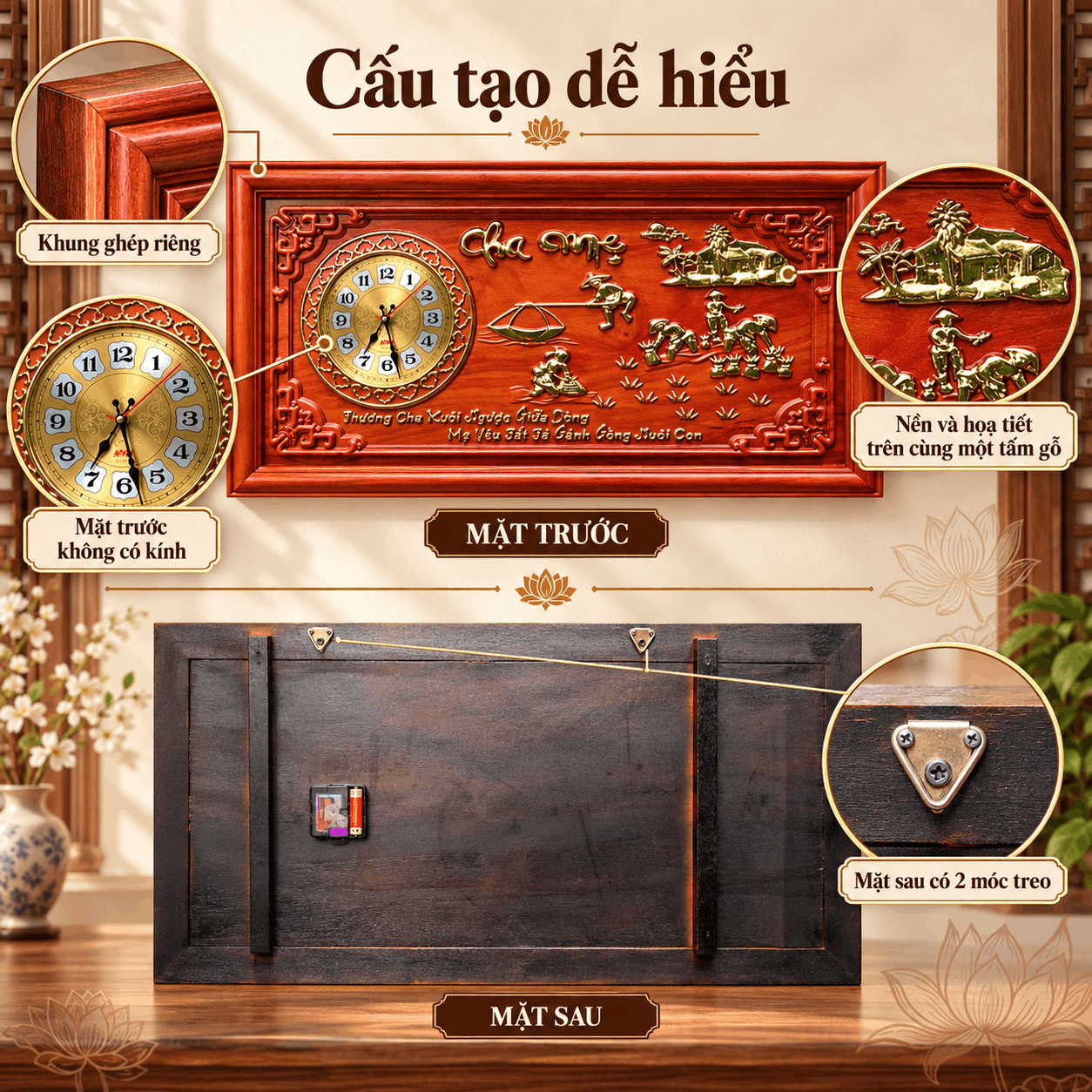 Đồng hồ treo tường mẫu cha mẹ bằng gỗ Hương