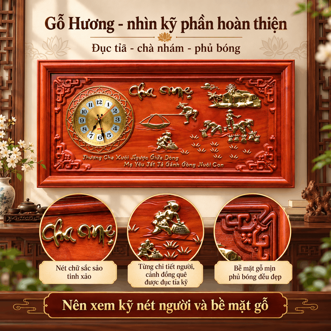 Đồng hồ treo tường mẫu cha mẹ bằng gỗ Hương