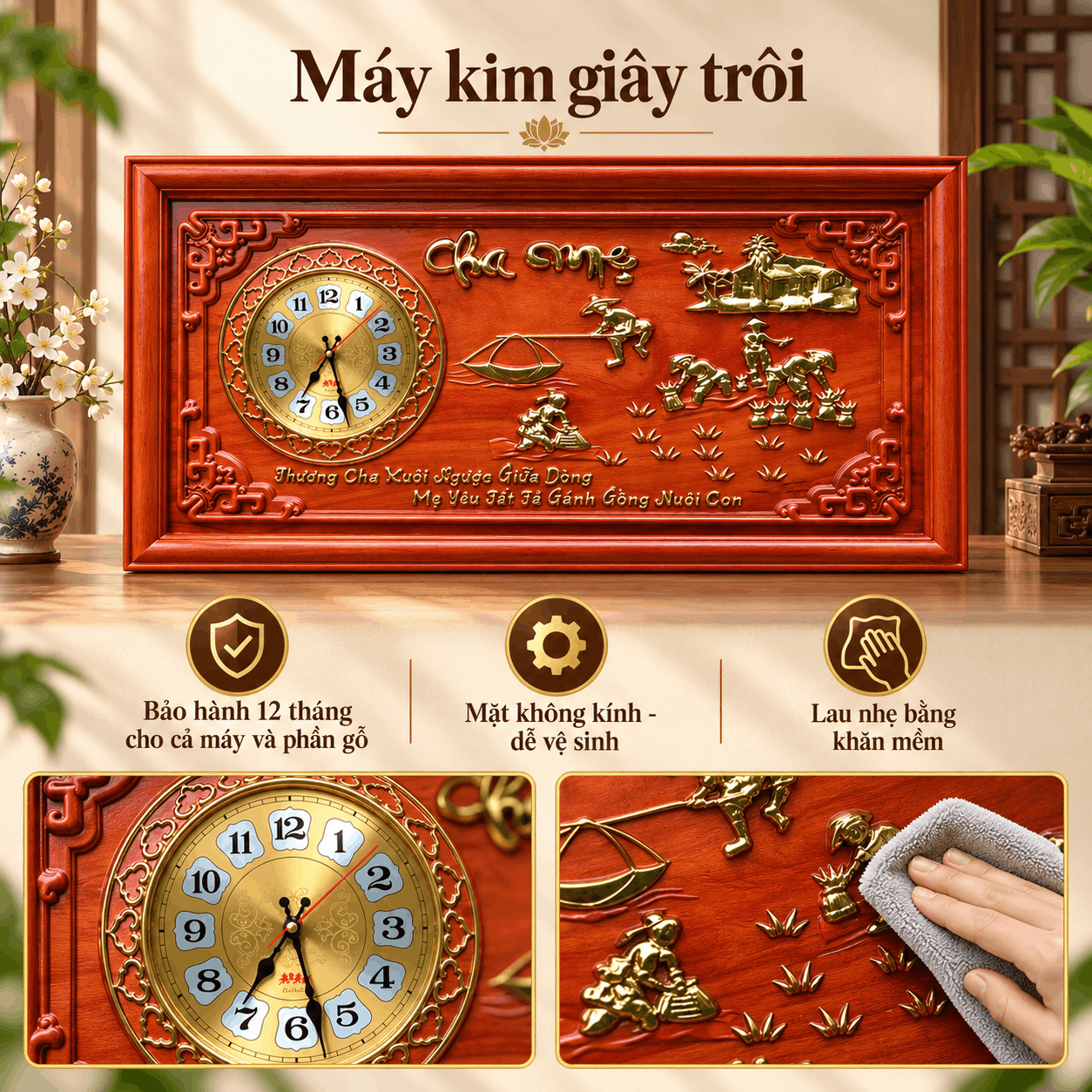 Đồng hồ treo tường mẫu cha mẹ bằng gỗ Hương