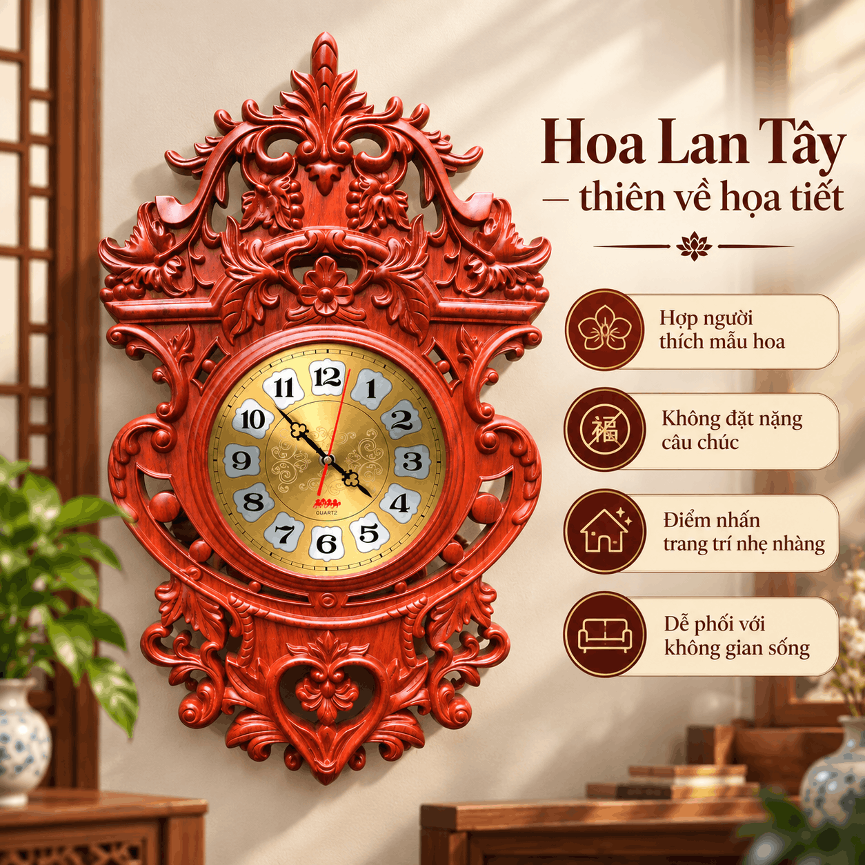 Đồng hồ treo tường mẫu Hoa Lan Tây