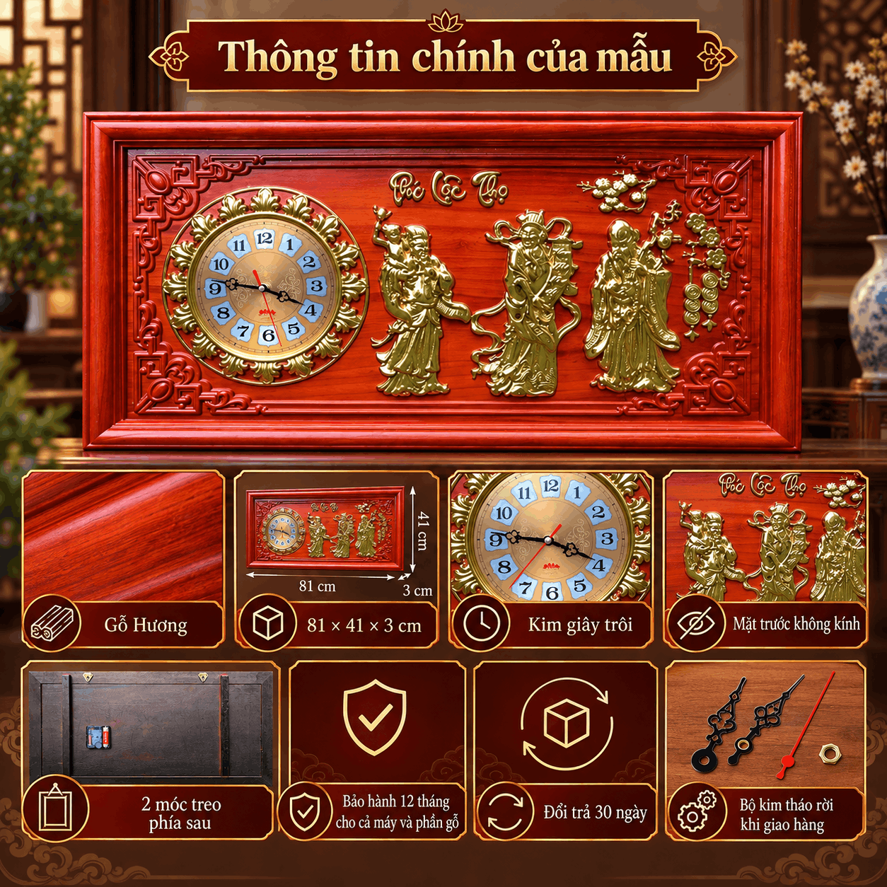 Đồng hồ treo tường Phúc Lộc Thọ bằng gỗ hương