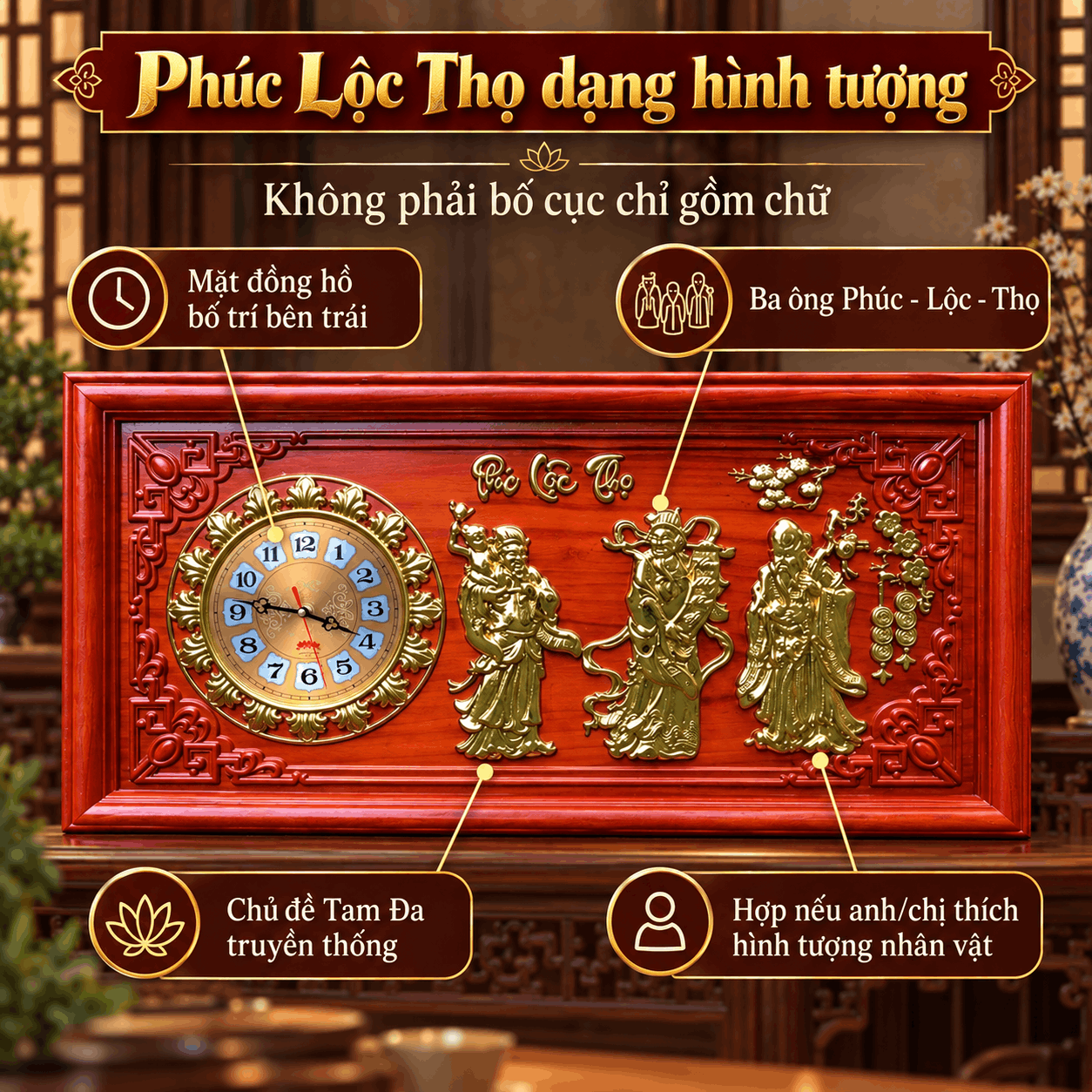 Đồng hồ treo tường Phúc Lộc Thọ bằng gỗ hương