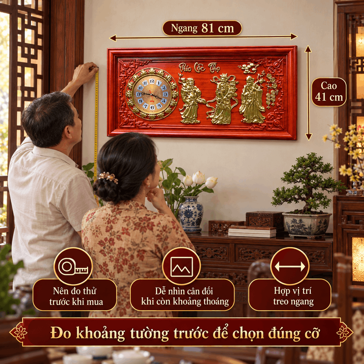 Đồng hồ treo tường Phúc Lộc Thọ bằng gỗ hương