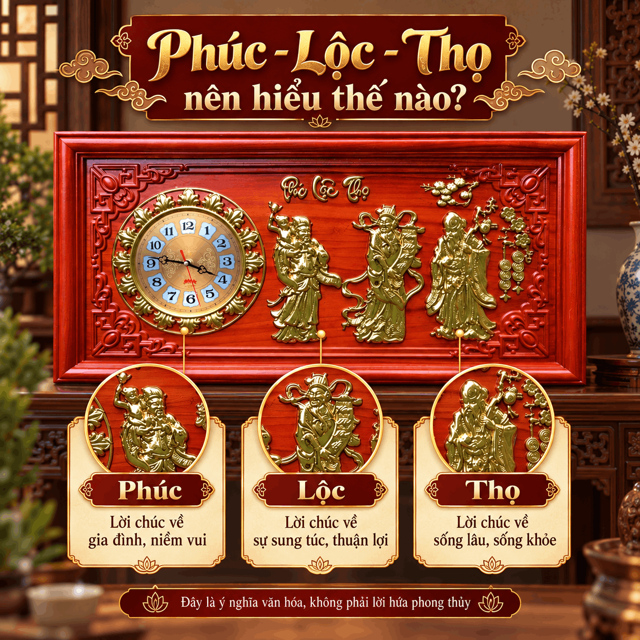 Đồng hồ treo tường Phúc Lộc Thọ bằng gỗ hương