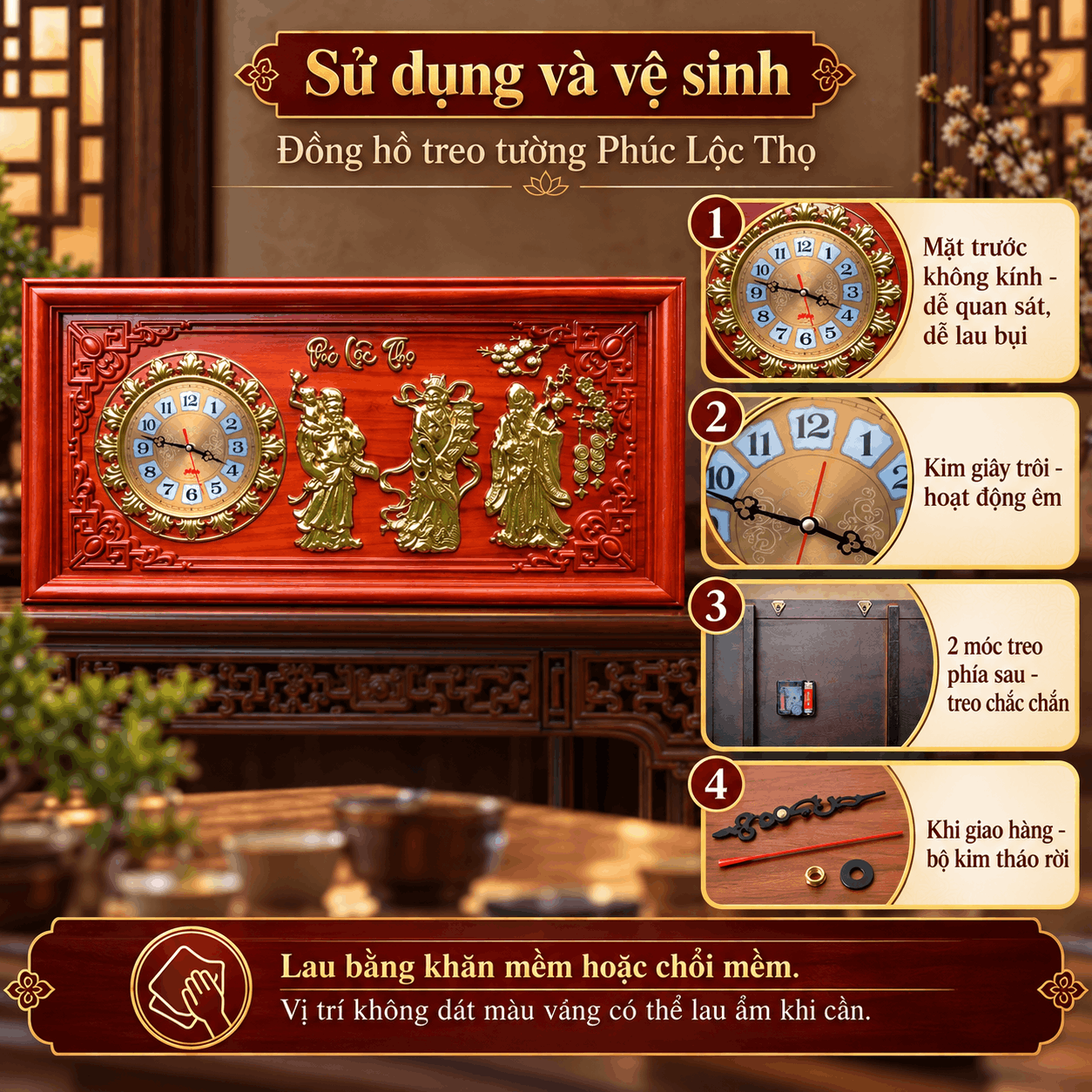 Đồng hồ treo tường Phúc Lộc Thọ bằng gỗ hương