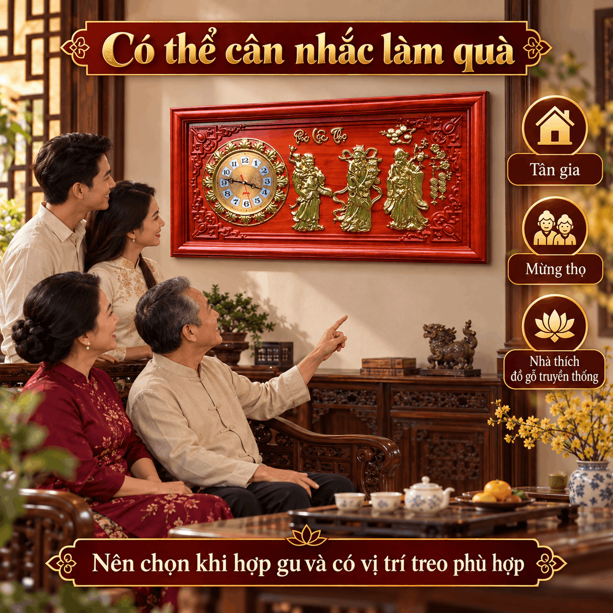 Đồng hồ treo tường Phúc Lộc Thọ bằng gỗ hương