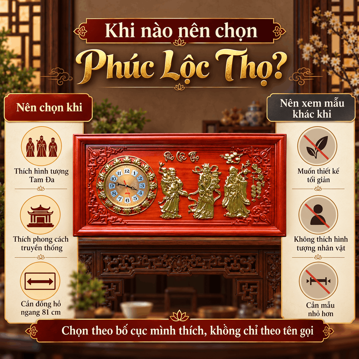 Đồng hồ treo tường Phúc Lộc Thọ bằng gỗ hương