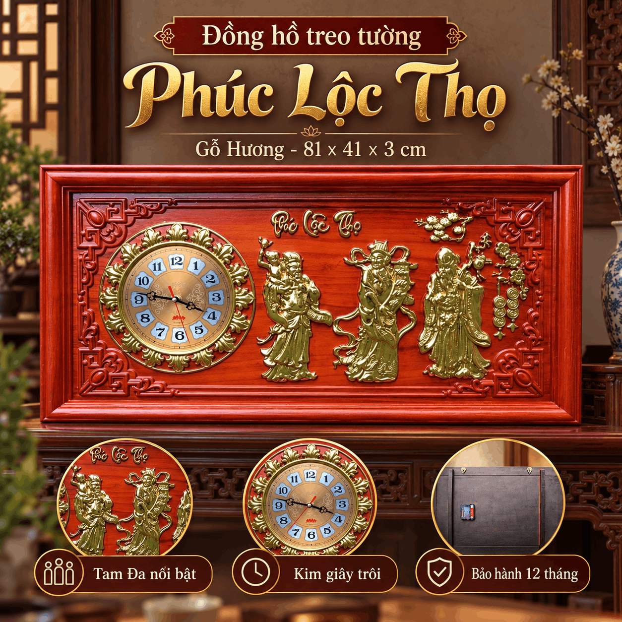 Đồng hồ treo tường Phúc Lộc Thọ bằng gỗ hương