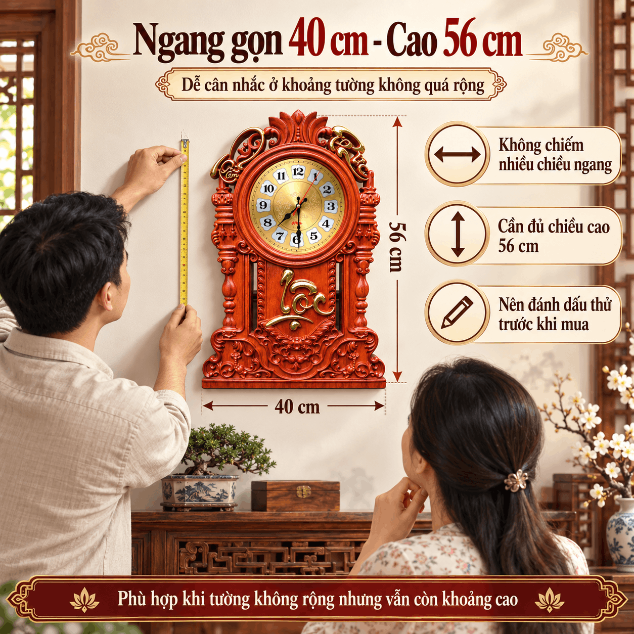 Đồng hồ treo tường mẫu Tâm Phúc Lộc gỗ Hương