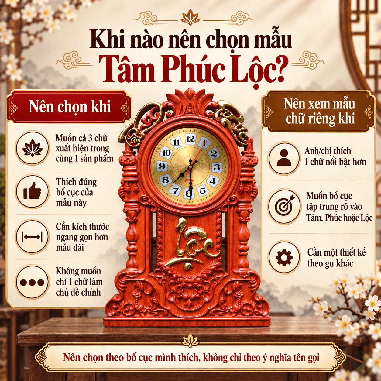Đồng hồ treo tường mẫu Tâm Phúc Lộc gỗ Hương