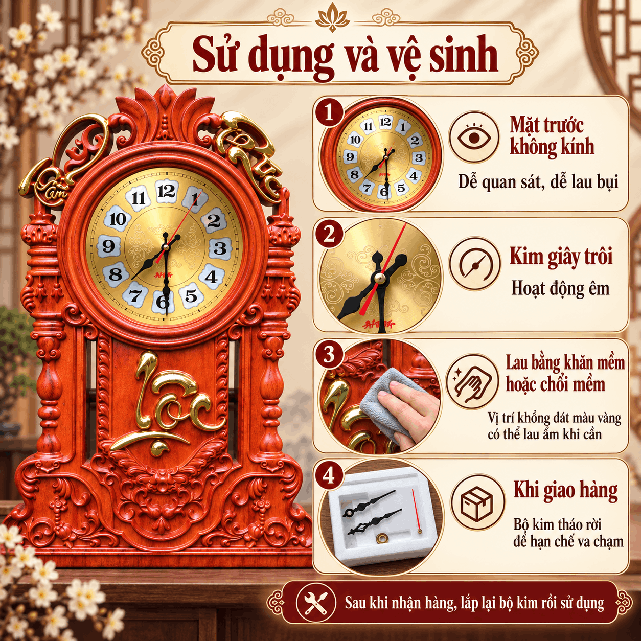 Đồng hồ treo tường mẫu Tâm Phúc Lộc gỗ Hương