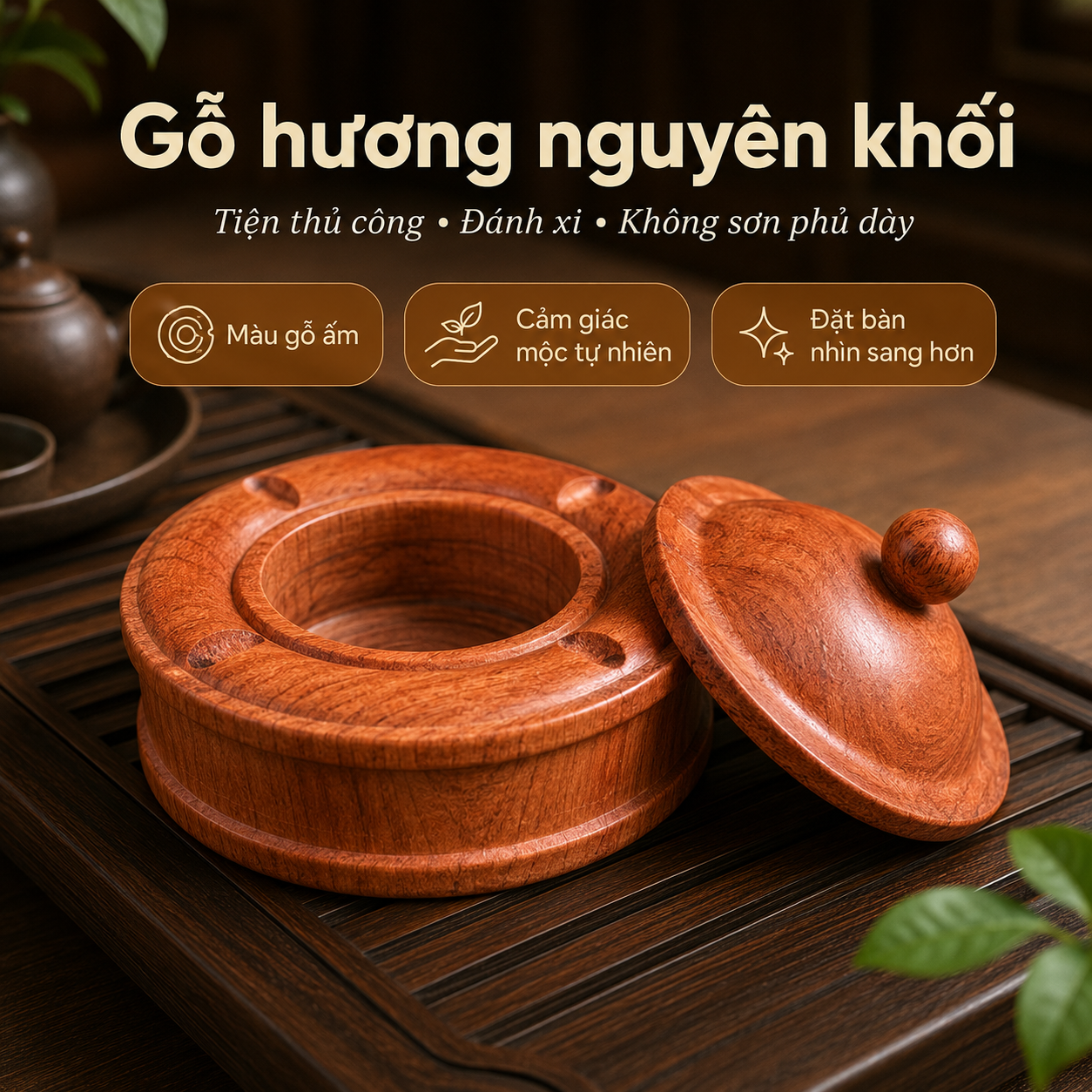 Gạt Tàn Gỗ Hương Có Nắp Đẹp, Gỗ Nguyên Khối