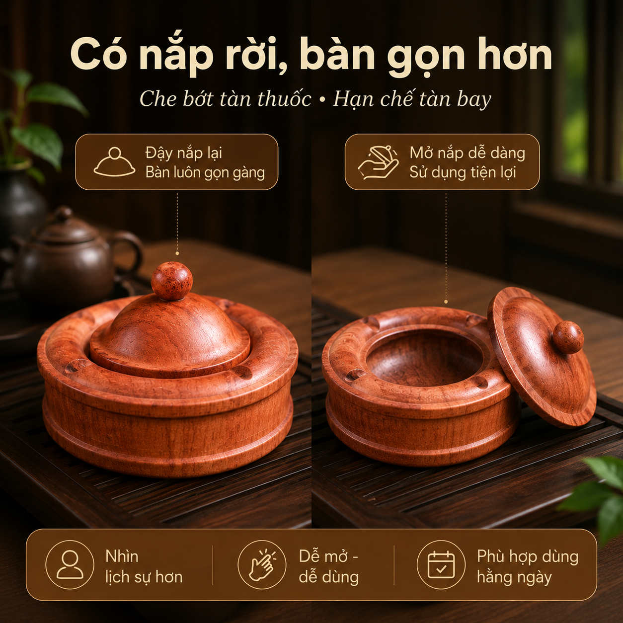 Gạt Tàn Gỗ Hương Có Nắp Đẹp, Gỗ Nguyên Khối