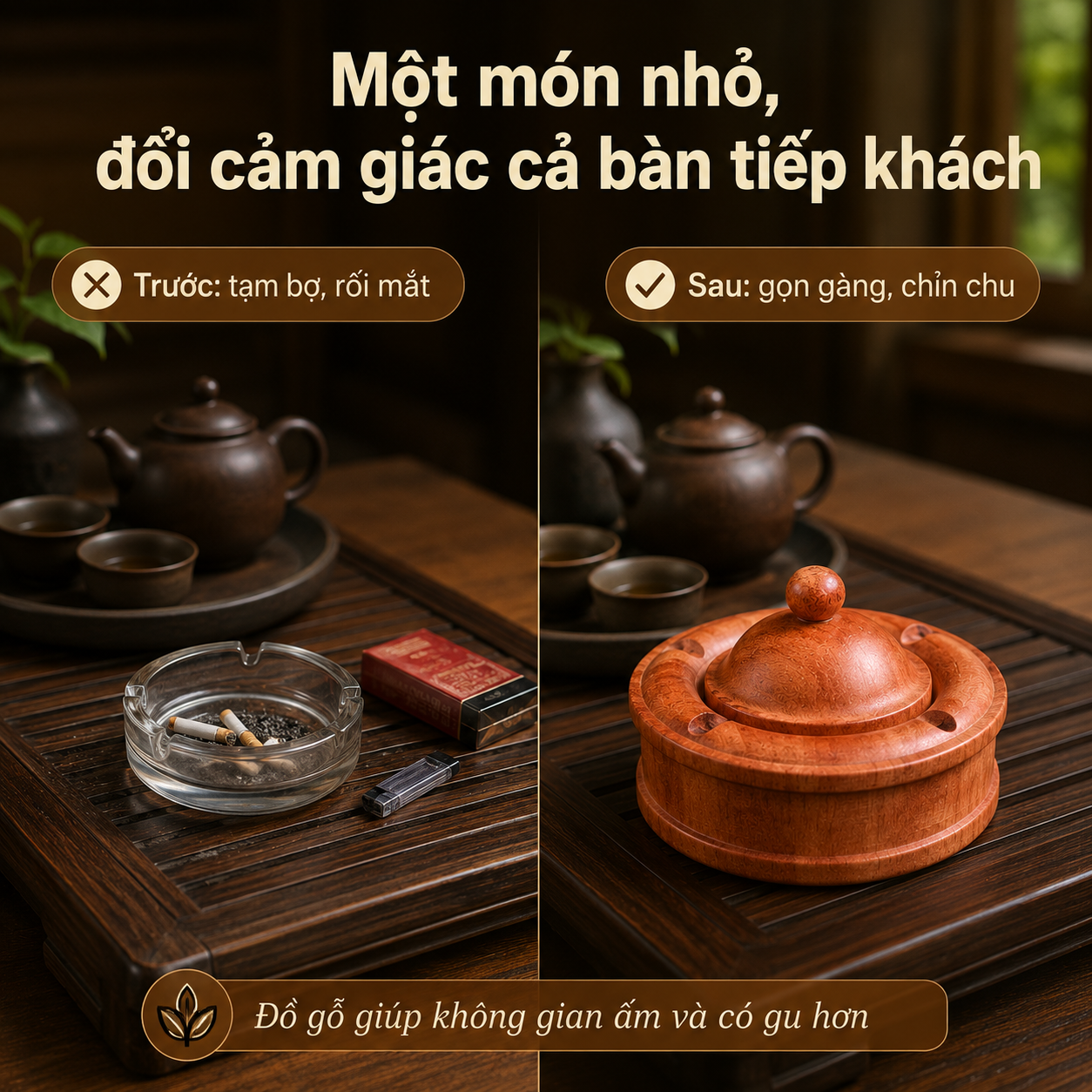 Gạt Tàn Gỗ Hương Có Nắp Đẹp, Gỗ Nguyên Khối