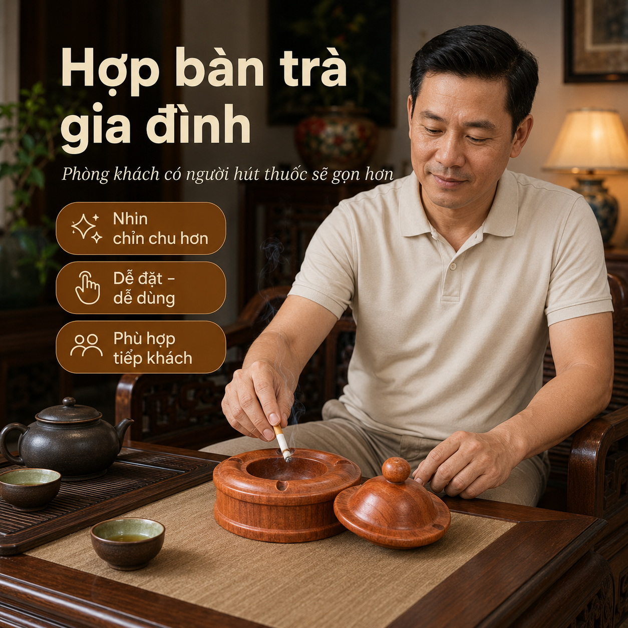 Gạt Tàn Gỗ Hương Có Nắp Đẹp, Gỗ Nguyên Khối