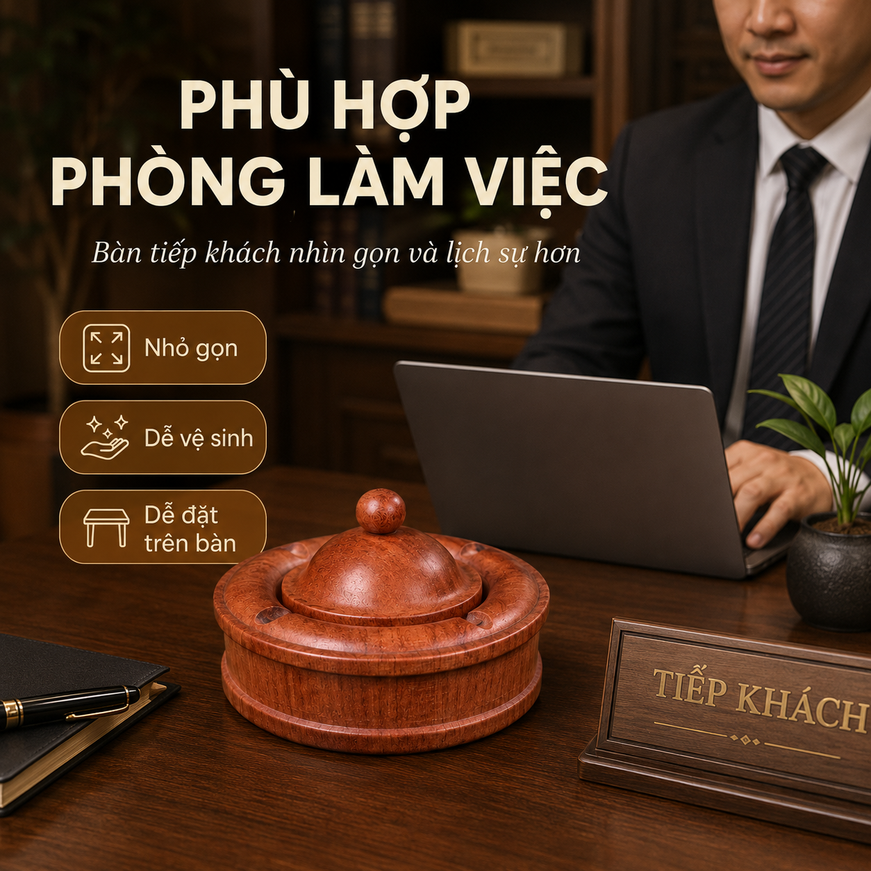 Gạt Tàn Gỗ Hương Có Nắp Đẹp, Gỗ Nguyên Khối