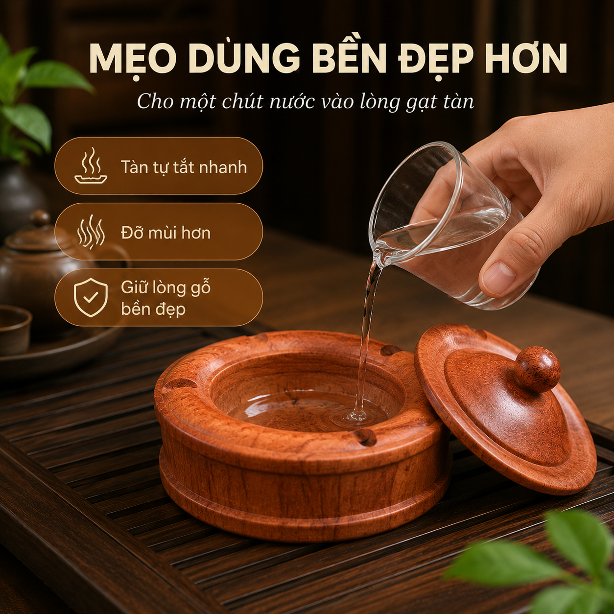 Gạt Tàn Gỗ Hương Có Nắp Đẹp, Gỗ Nguyên Khối