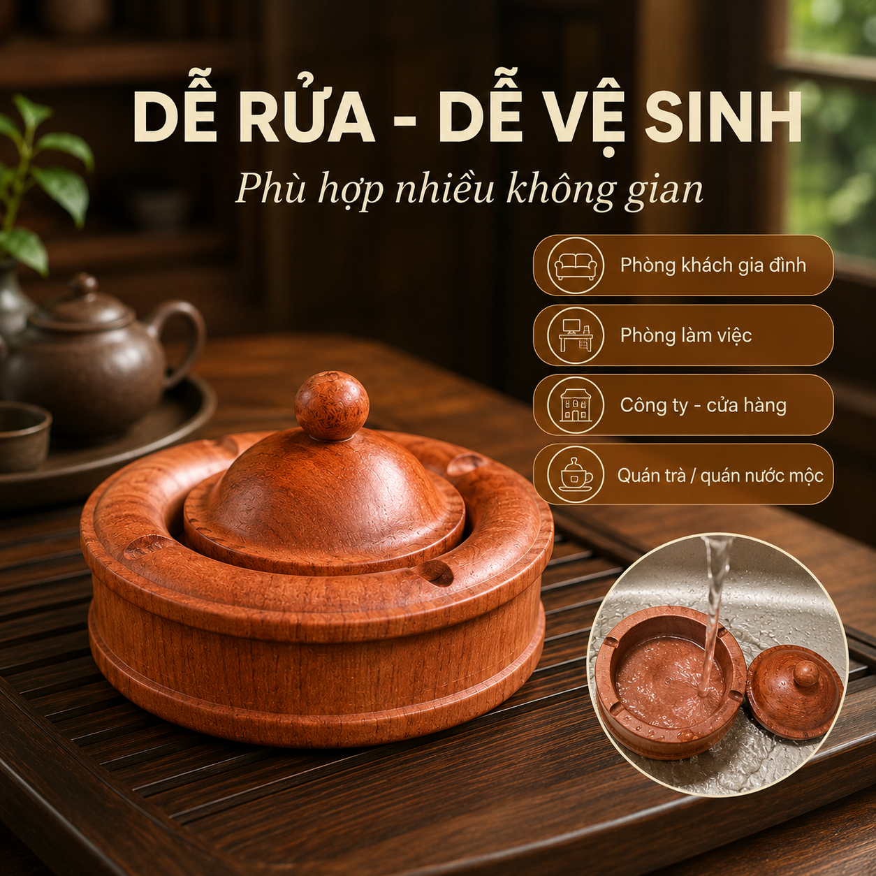 Gạt Tàn Gỗ Hương Có Nắp Đẹp, Gỗ Nguyên Khối