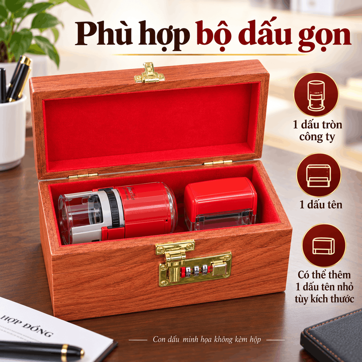 Hộp Đựng Con Dấu Công Ty Gỗ Hương 19cm – Khóa Số