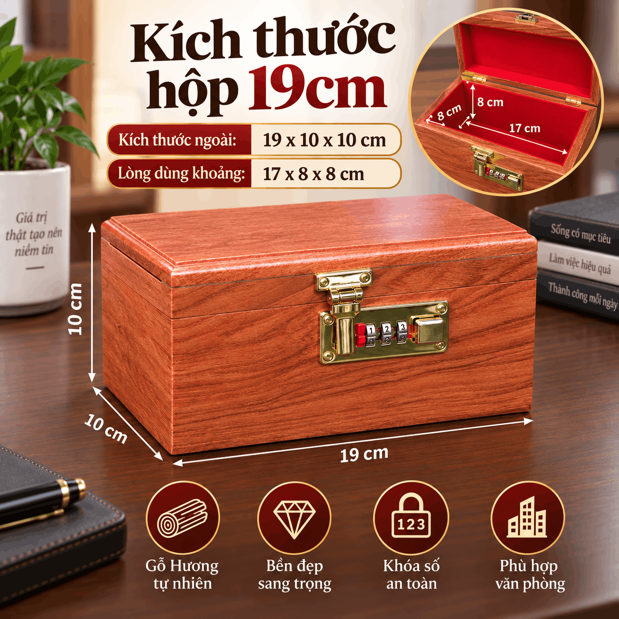 Hộp Đựng Con Dấu Công Ty Gỗ Hương 19cm – Khóa Số