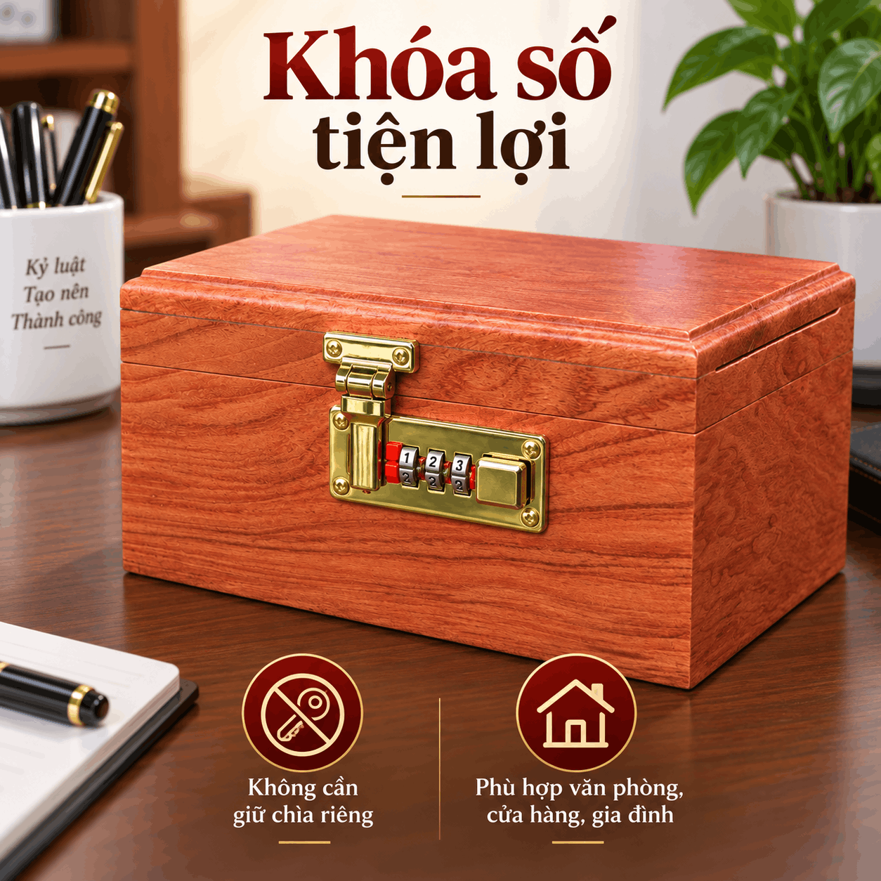 Hộp Đựng Con Dấu Công Ty Gỗ Hương 19cm – Khóa Số