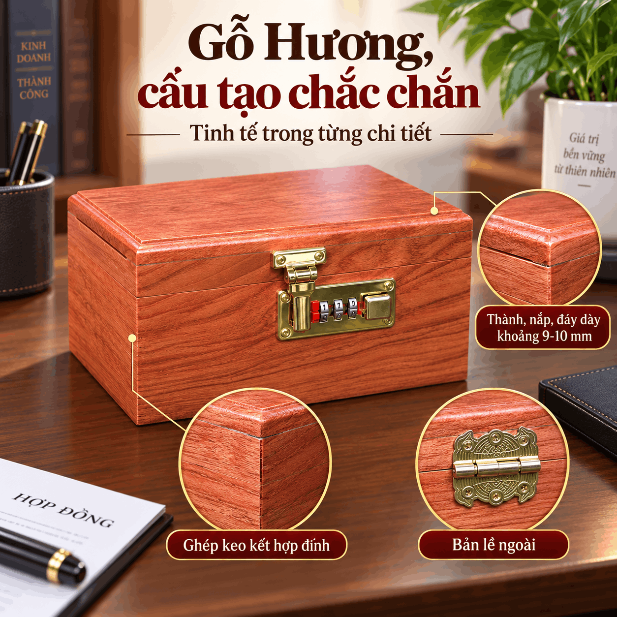 Hộp Đựng Con Dấu Công Ty Gỗ Hương 19cm – Khóa Số