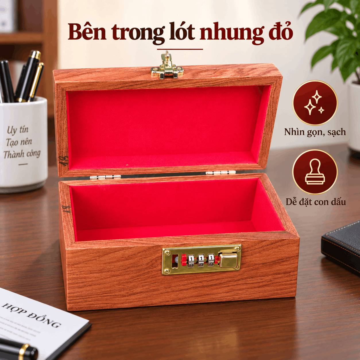 Hộp Đựng Con Dấu Công Ty Gỗ Hương 19cm – Khóa Số
