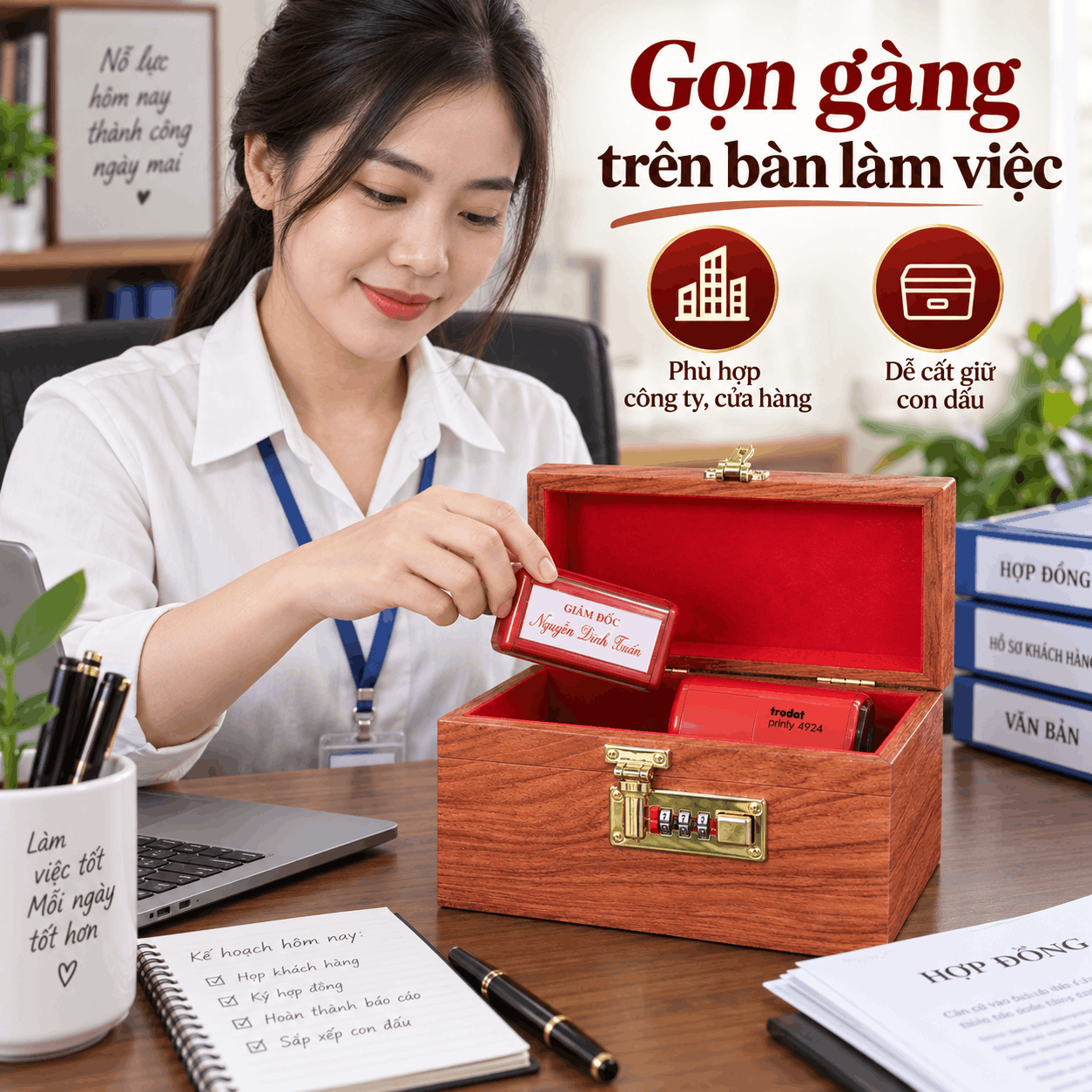 Hộp Đựng Con Dấu Công Ty Gỗ Hương 19cm – Khóa Số
