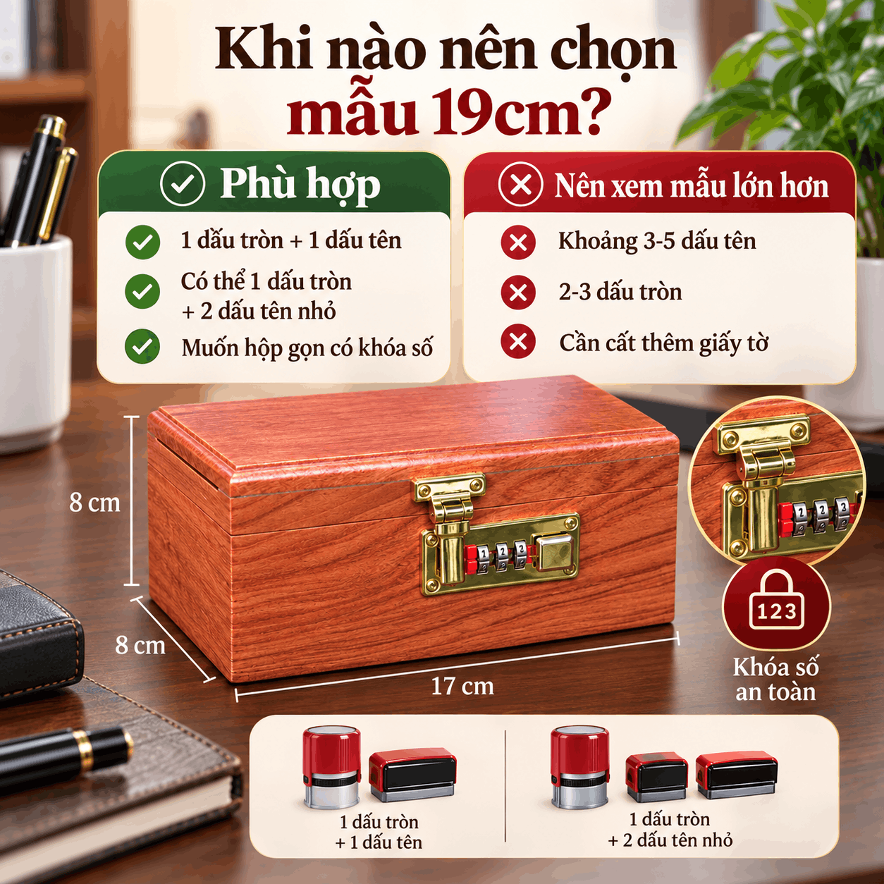 Hộp Đựng Con Dấu Công Ty Gỗ Hương 19cm – Khóa Số