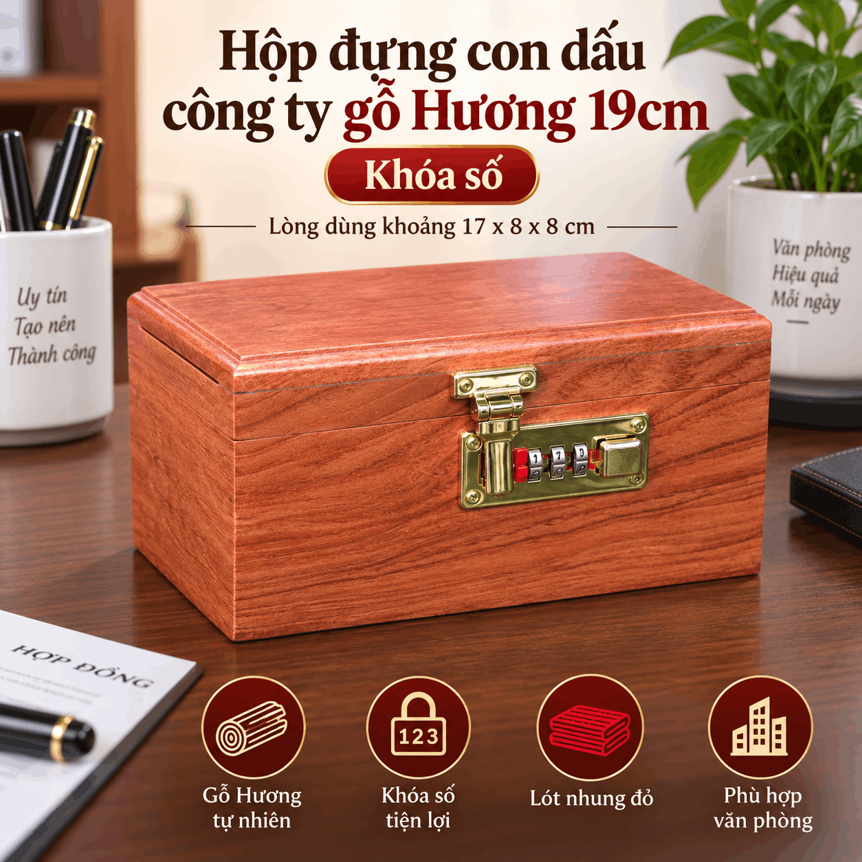 Hộp Đựng Con Dấu Công Ty Gỗ Hương 19cm – Khóa Số