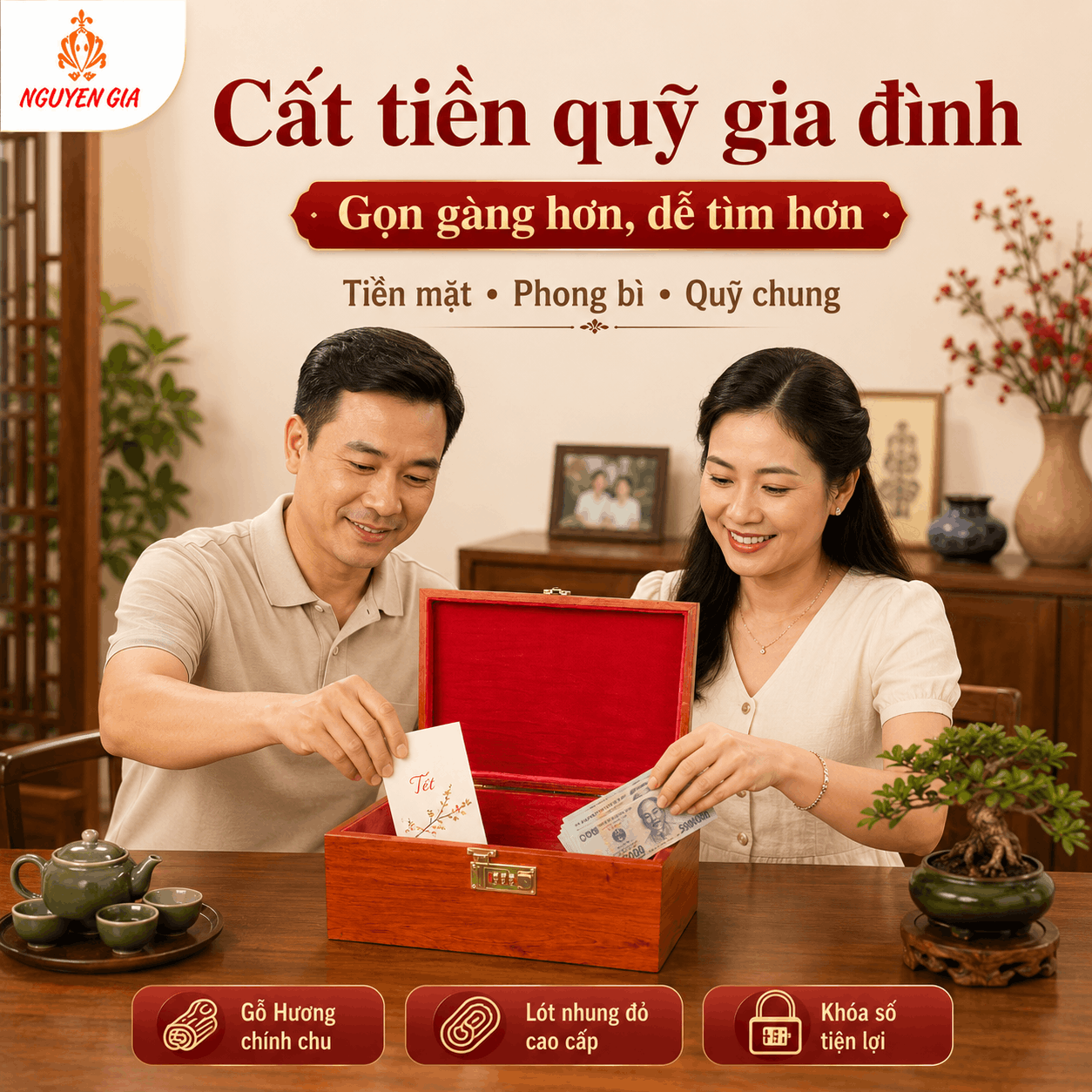 Hòm Đựng Tiền Gỗ Hương Có Khóa Số – Cỡ Lớn Đựng Phong Bì, Giấy Tờ