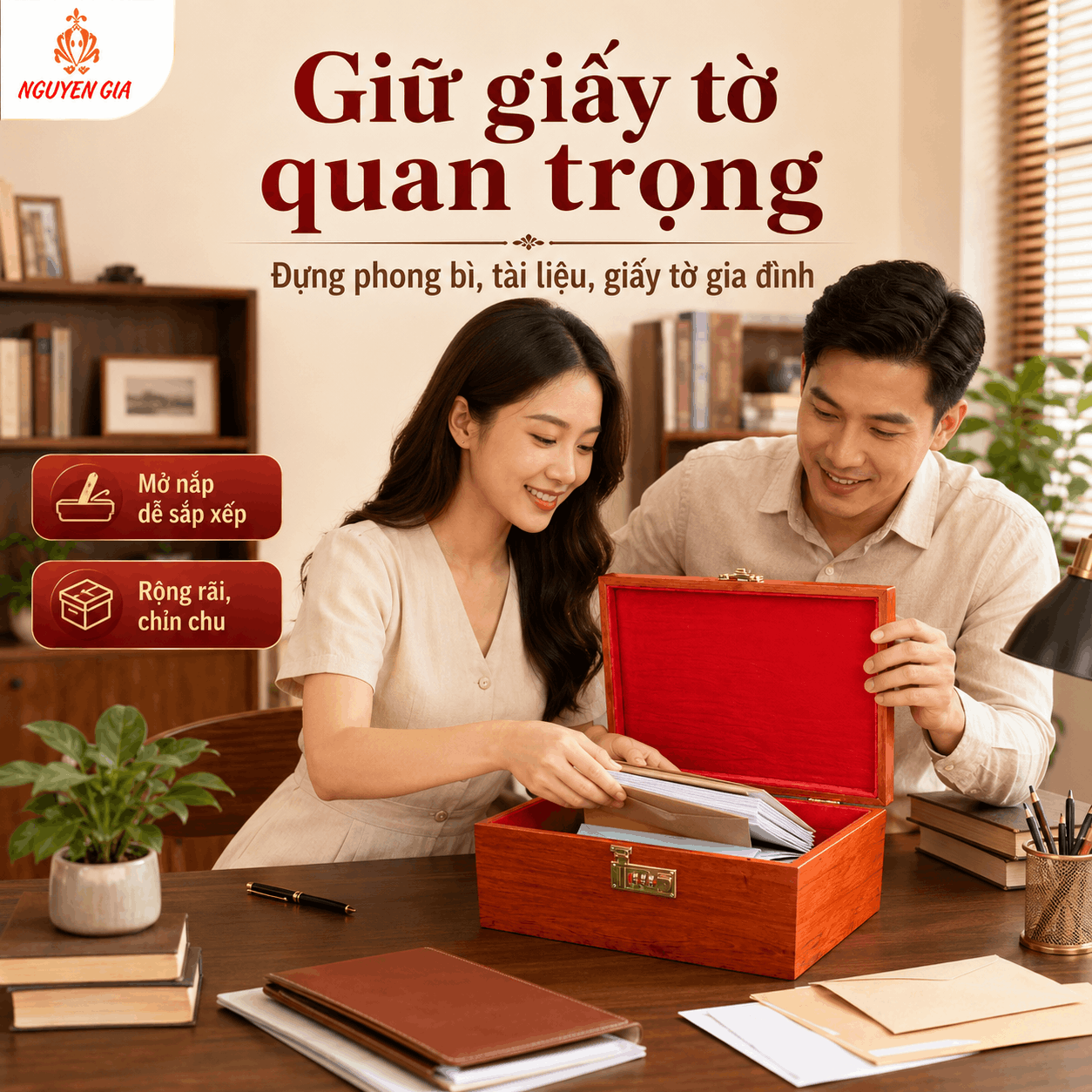 Hòm Đựng Tiền Gỗ Hương Có Khóa Số – Cỡ Lớn Đựng Phong Bì, Giấy Tờ