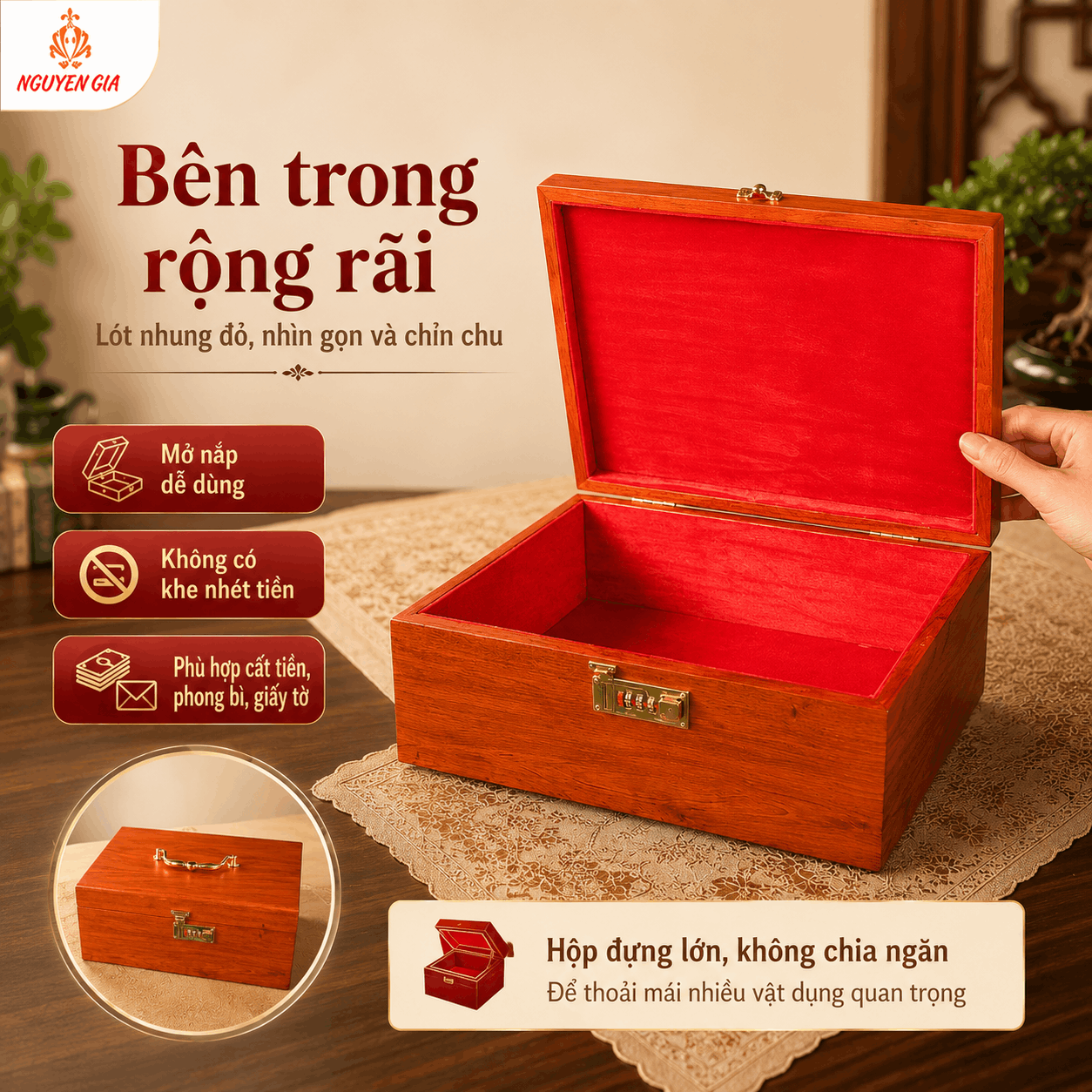 Hòm Đựng Tiền Gỗ Hương Có Khóa Số – Cỡ Lớn Đựng Phong Bì, Giấy Tờ