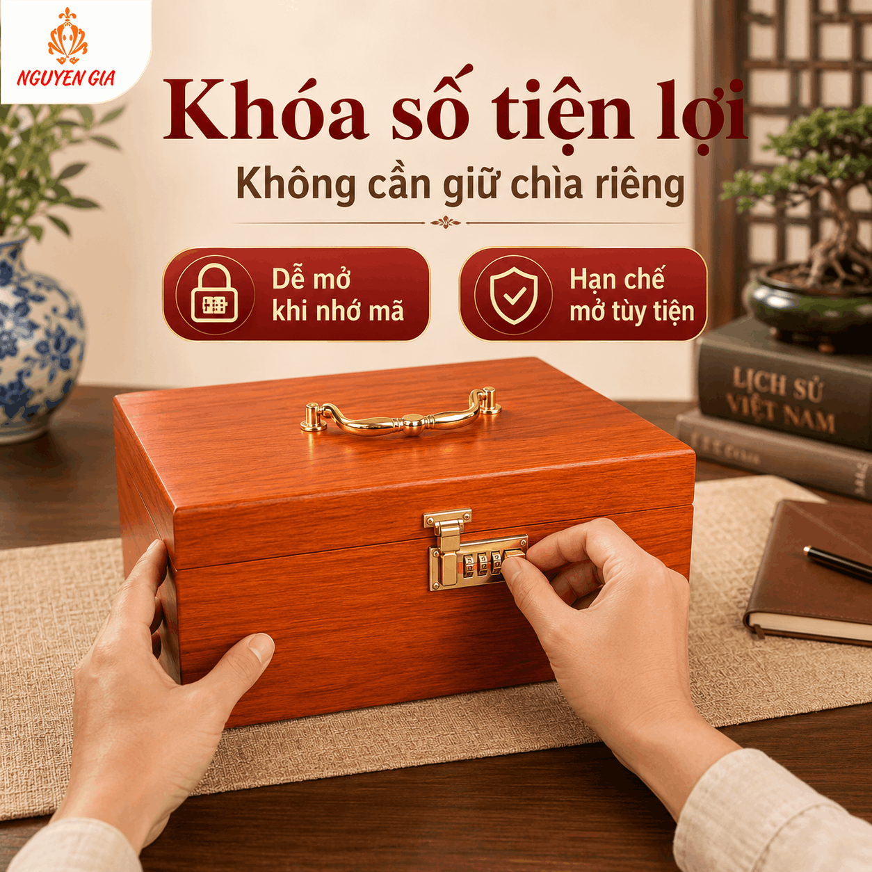 Hòm Đựng Tiền Gỗ Hương Có Khóa Số – Cỡ Lớn Đựng Phong Bì, Giấy Tờ