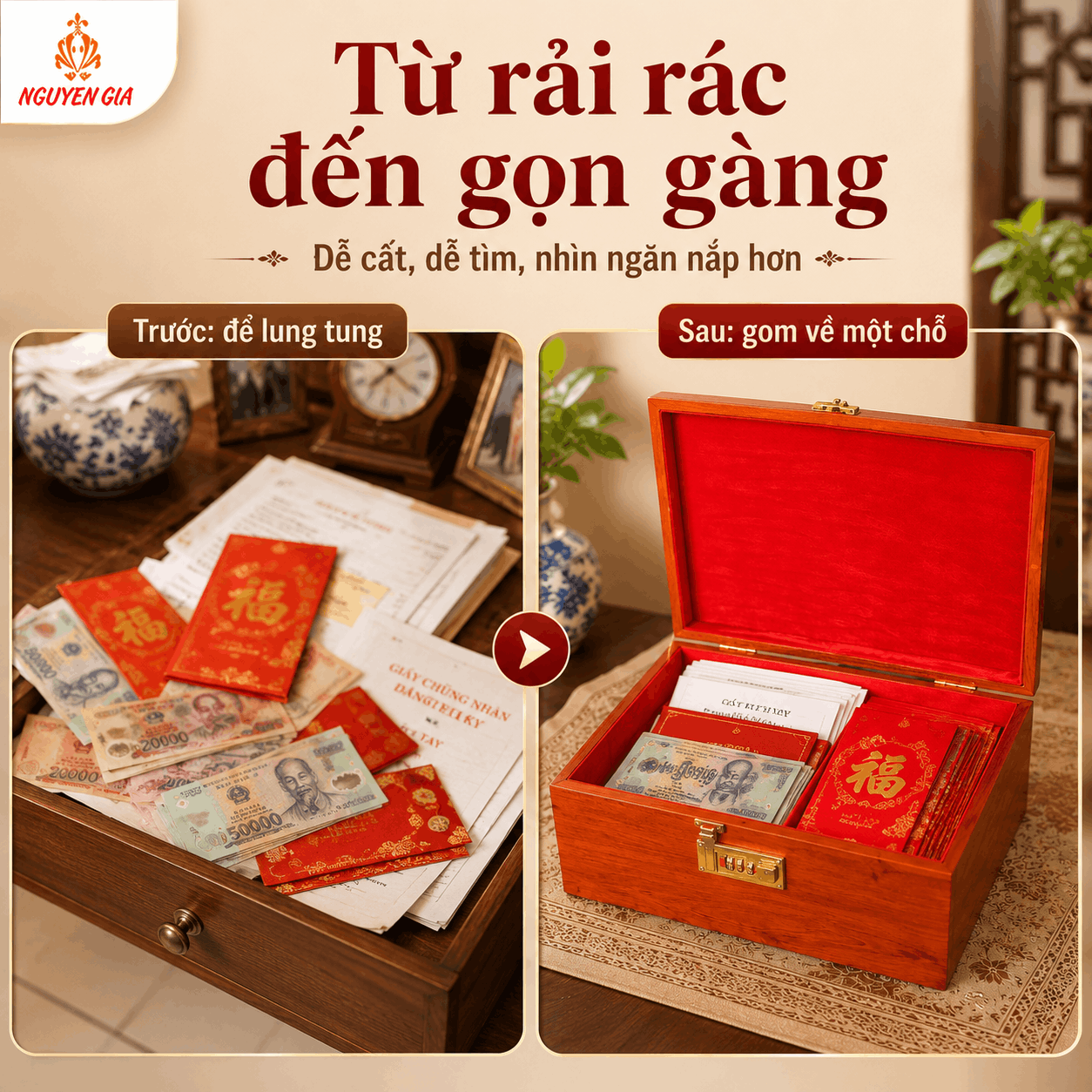 Hòm Đựng Tiền Gỗ Hương Có Khóa Số – Cỡ Lớn Đựng Phong Bì, Giấy Tờ