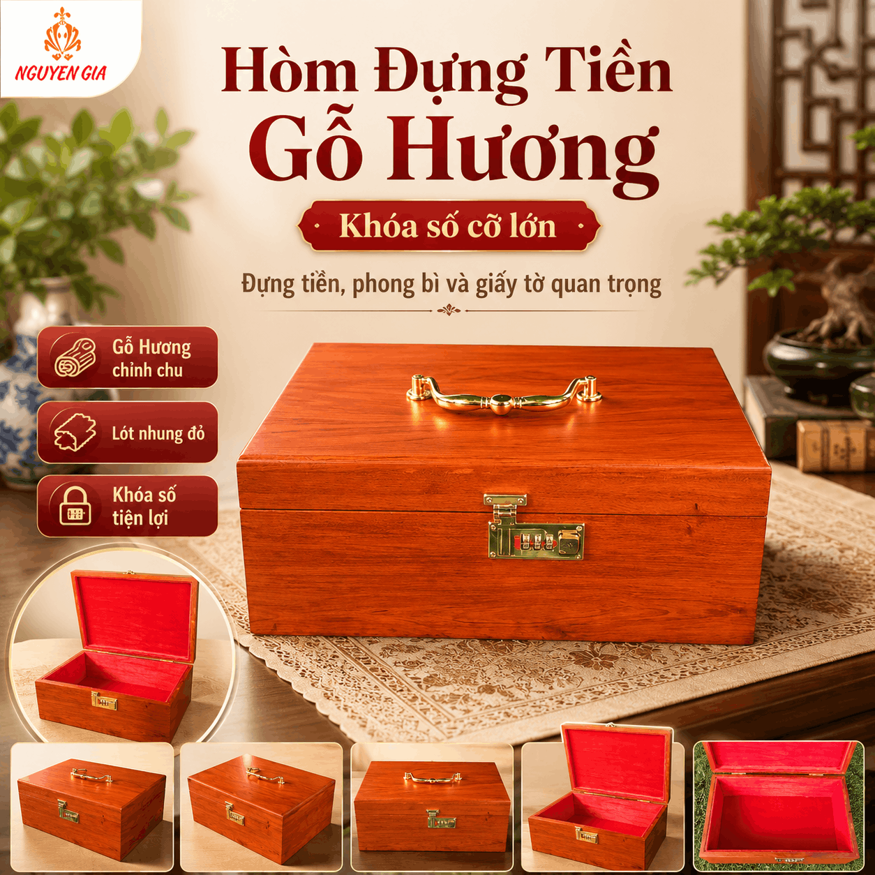 Hòm Đựng Tiền Gỗ Hương Có Khóa Số – Cỡ Lớn Đựng Phong Bì, Giấy Tờ